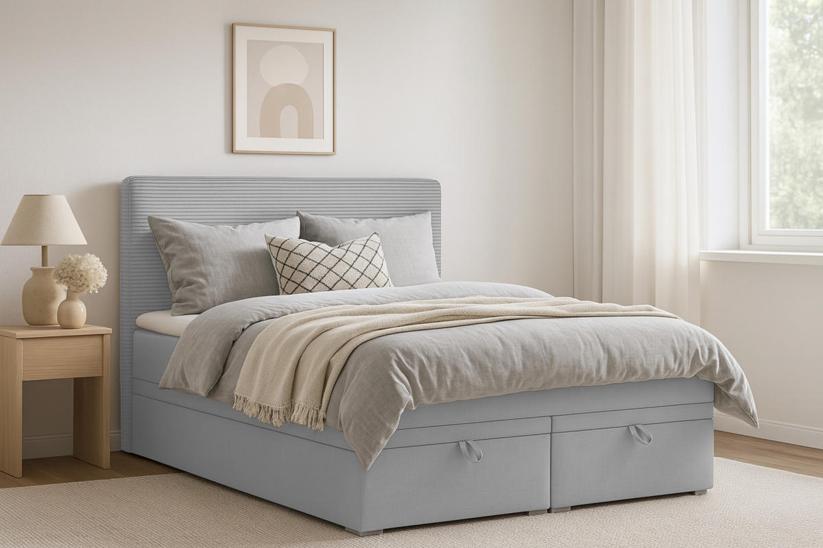 BOXBETT DARO 120/200 in Velour/Cord Hellgrau - Hellgrau, Holz/Holzwerkstoff (120/200cm) - Deine Möbel 24