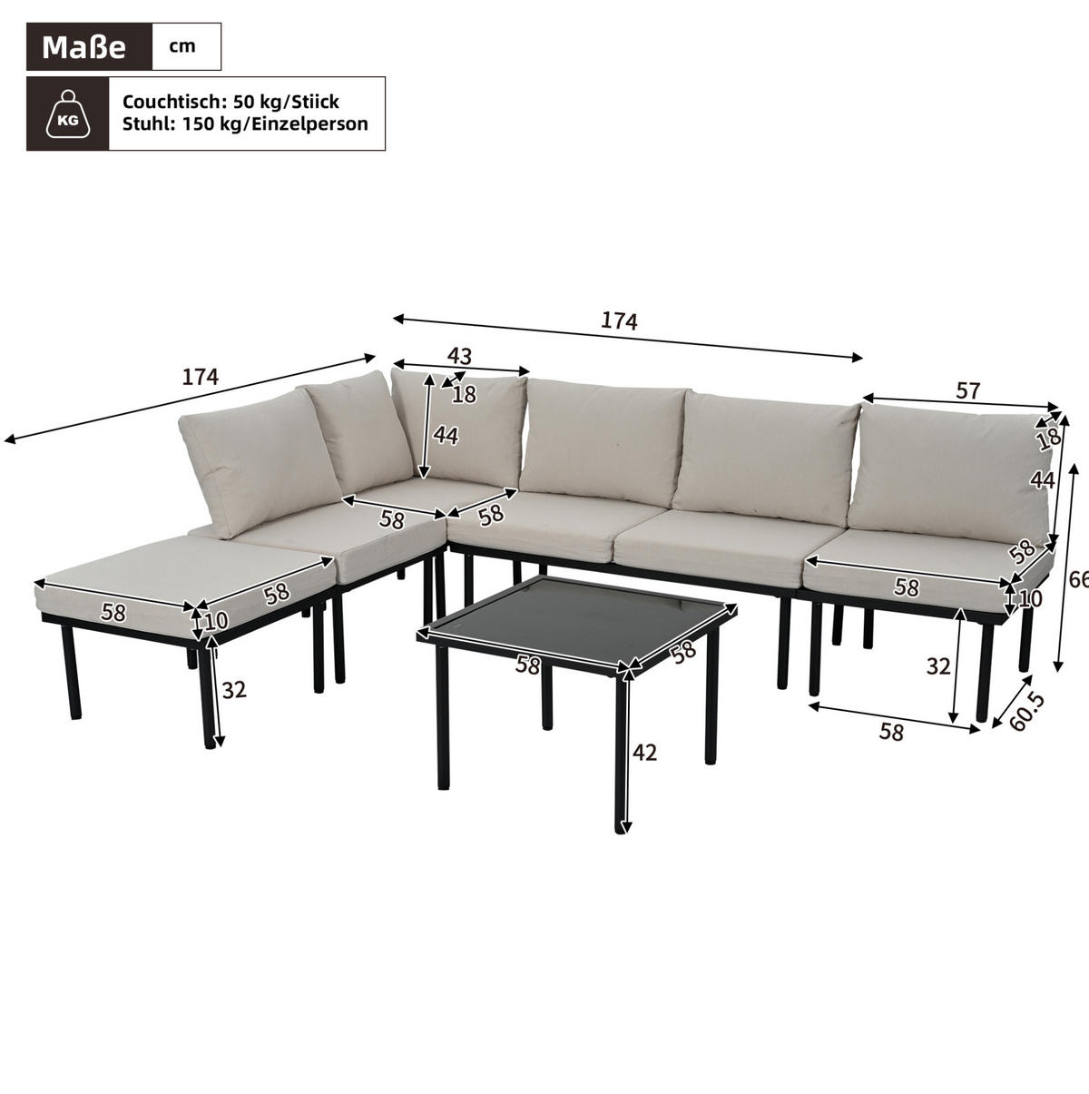 GARTENSET 231x174x66cm beige aus Stahl und Olefin, verstellbar - Beige, Metall - Modfu