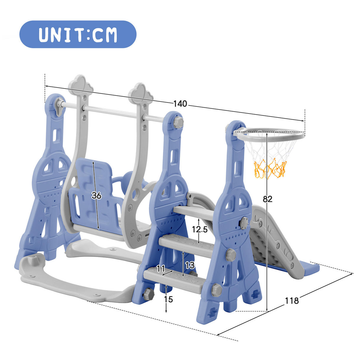KINDERRUTSCHE 4 in 1 Schaukel Basketball Kletterleiter blau grau - Blau, Holz (70/102/70cm) - Fortuna Lai