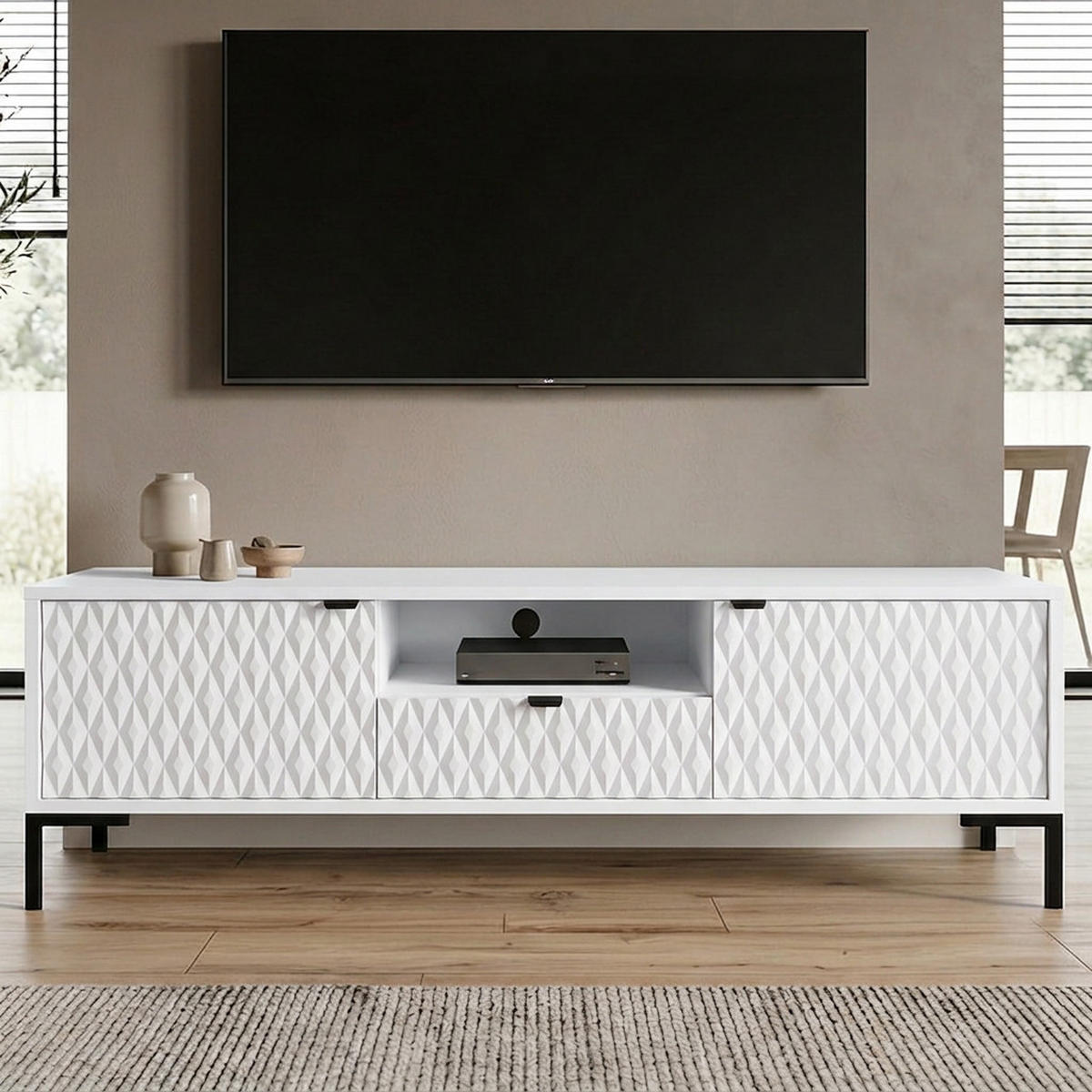 LOWBOARD Montreal mit 2 Türen, 1 Schublade und offenem Fach, dekorative 3D-Fronten, Weiß - Schwarz/Weiß, Holzwerkstoff/Metall (150/47/40cm) - Beautysofa