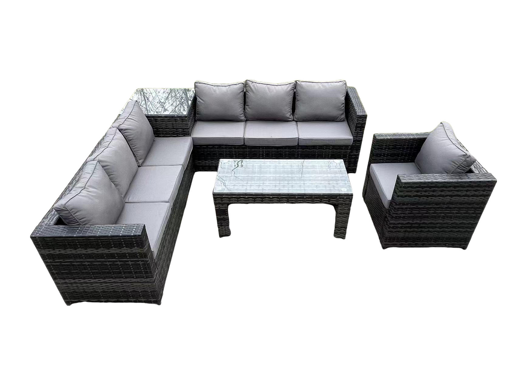 GARTENSOFA-SET MIT COUCHTISCH LOUNGE SOFA Polyrattan Outdoor 7-Sitzer - Dunkelgrau/Grau, Glas/Kunststoff - Fimous