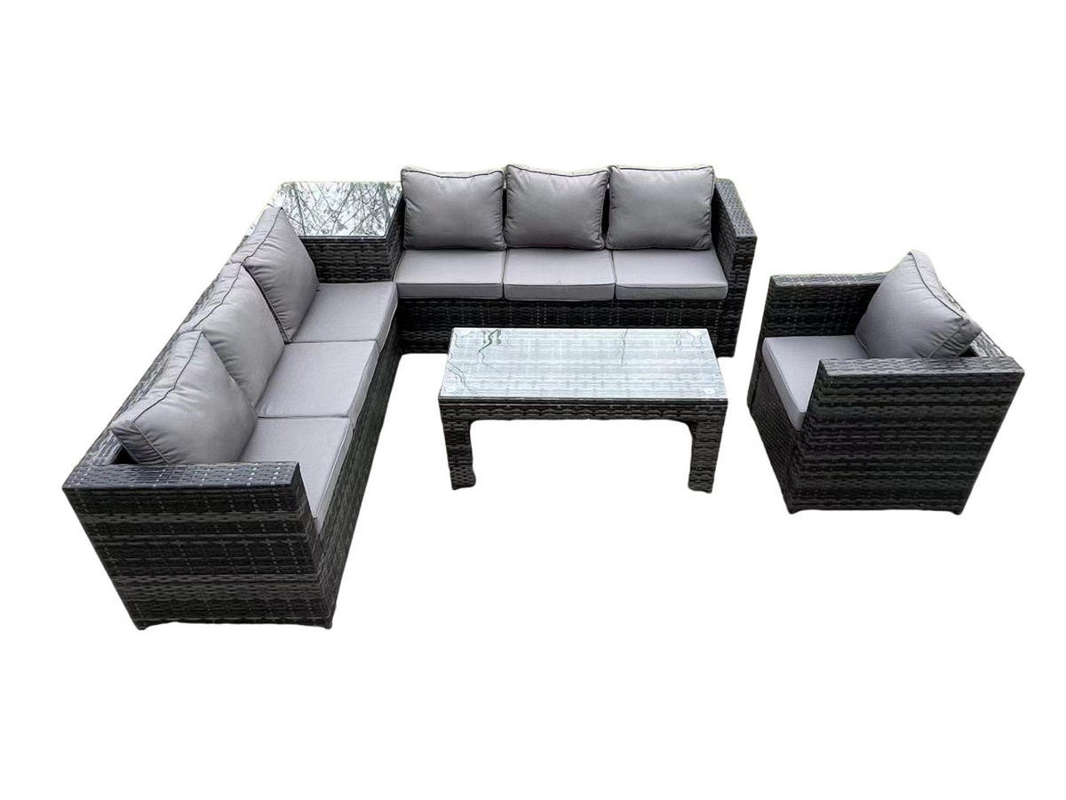 GARTENSOFA-SET MIT COUCHTISCH LOUNGE SOFA Polyrattan Outdoor 7-Sitzer - Dunkelgrau/Grau, Glas/Kunststoff - Fimous