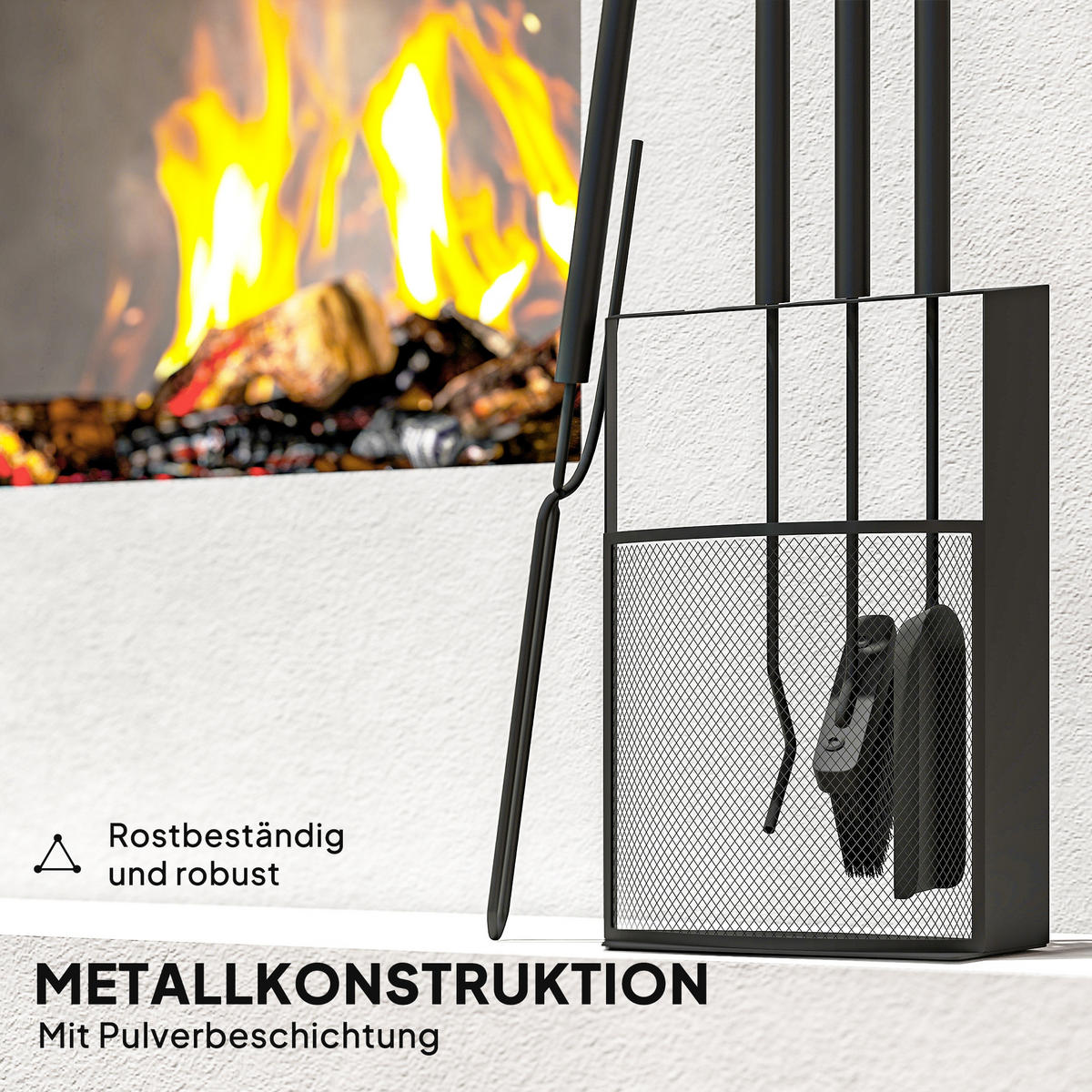 KAMINBESTECK Set 5teilig Kaminzubehör mit Besen, Schaufel, Schürhaken Zange - Schwarz, Metall (13/59.5/28cm) - Outsunny