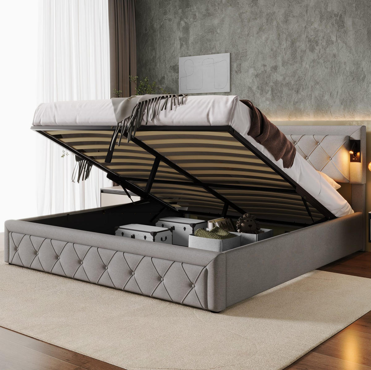 POLSTERBETT 180/200 cm aus Leinen mit Downlights, USB-Anschlüssen, hydraulischem Bettkasten und Lattenrost, Grau - Grau, Textil (180/200cm) - Redom