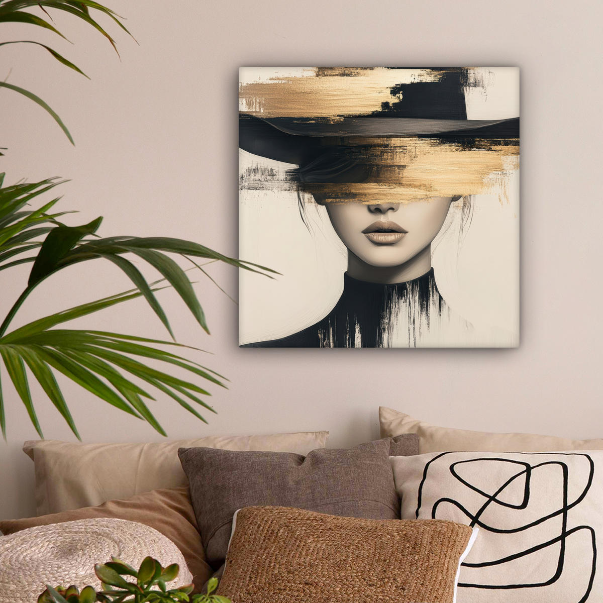 OBRAZ NA PLÁTNĚ Žena - klobouk - barva 50x50 cm - zlatá, textil (50/50cm) - MuchoWow