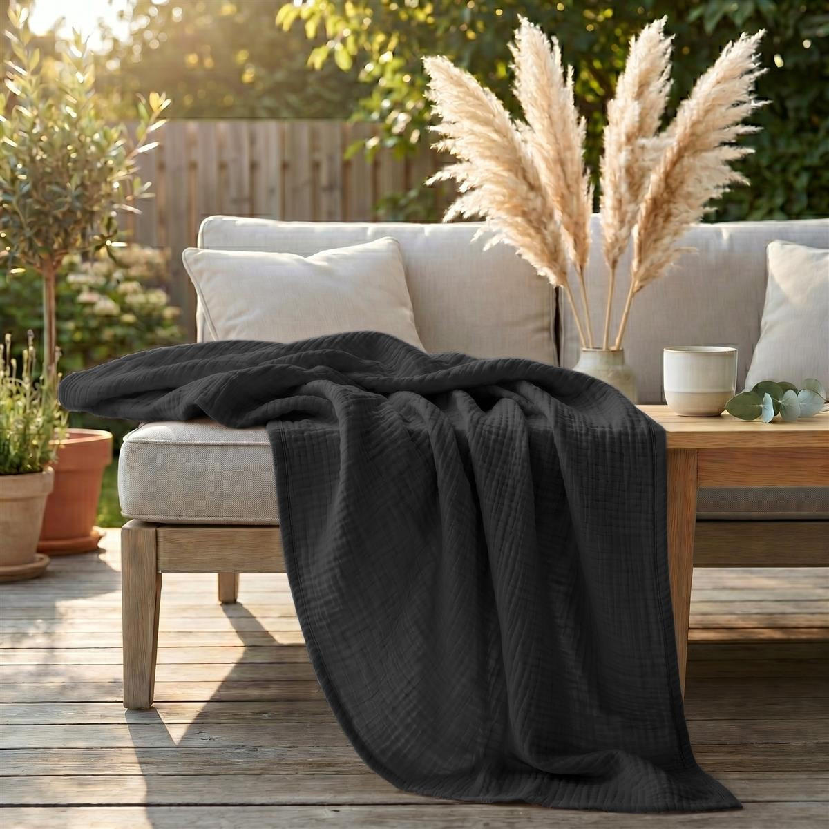 WOHNDECKE Musselin 150 x 200 cm, Leichte Kuscheldecke aus 100% Baumwolle - Nutzbar als Tagesdecke, Plaid oder Decke für Sofa, Couch & Bett - Anthrazit - Anthrazit, Textil (150/200cm) - Carpe Sonno
