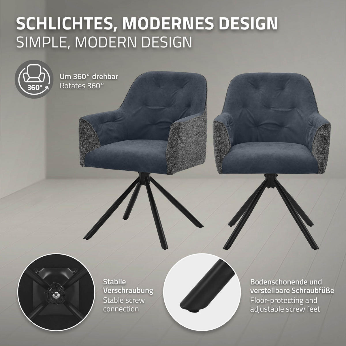 ESSZIMMERSTÜHLE 2er Set drehbar Küchenstühle gepolstert aus Webstoff-Kunstleder Anthrazit - Anthrazit/Schwarz, Textil/Metall (62/81/65cm) - ML-DESIGN