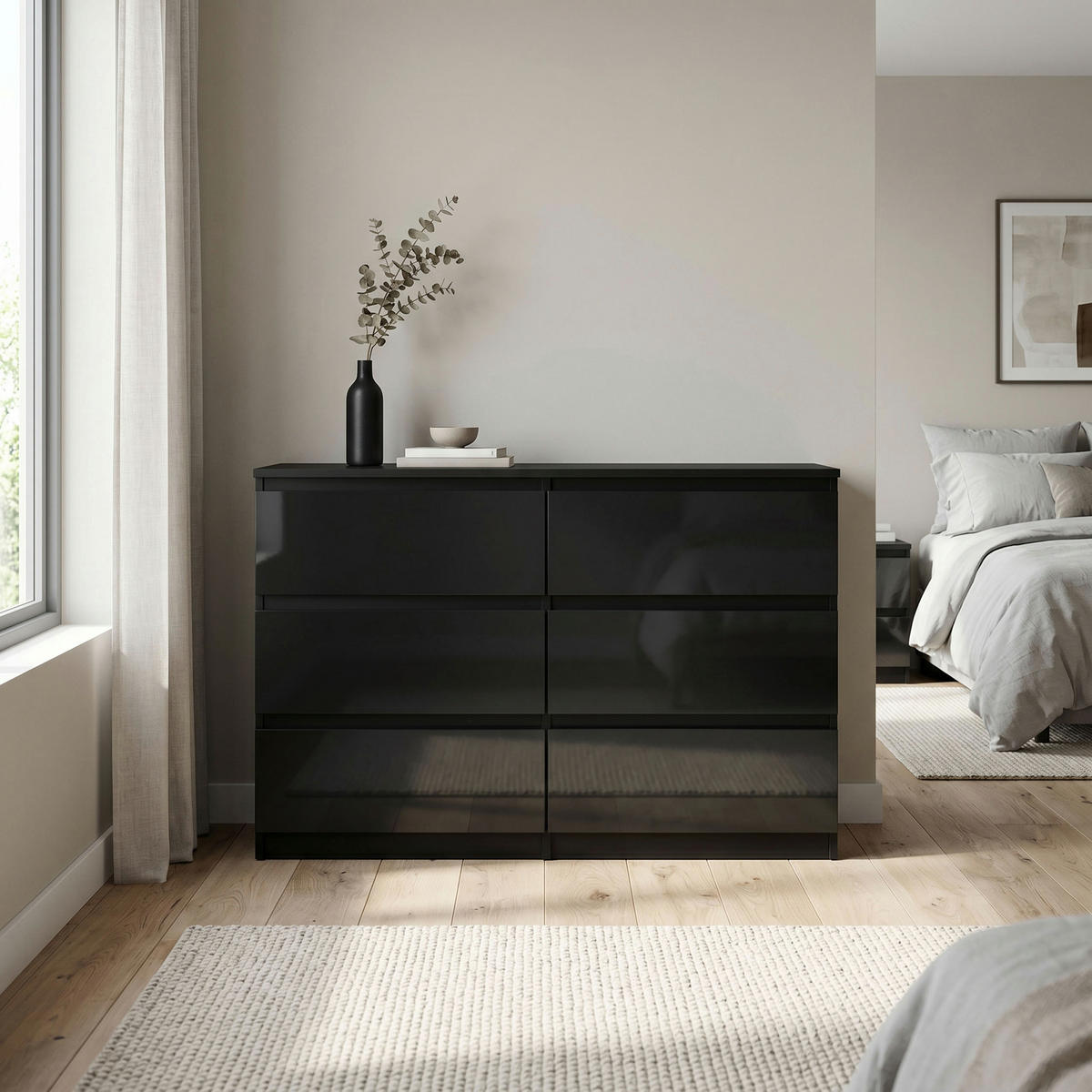 KOMMODE NUDO 138,5/78,5/39cm mit 6 Schubladen Türen Schwarz - Schwarz Hochglanz/Schwarz, Holzwerkstoff (138.5/78.5/39cm) - MASSENO