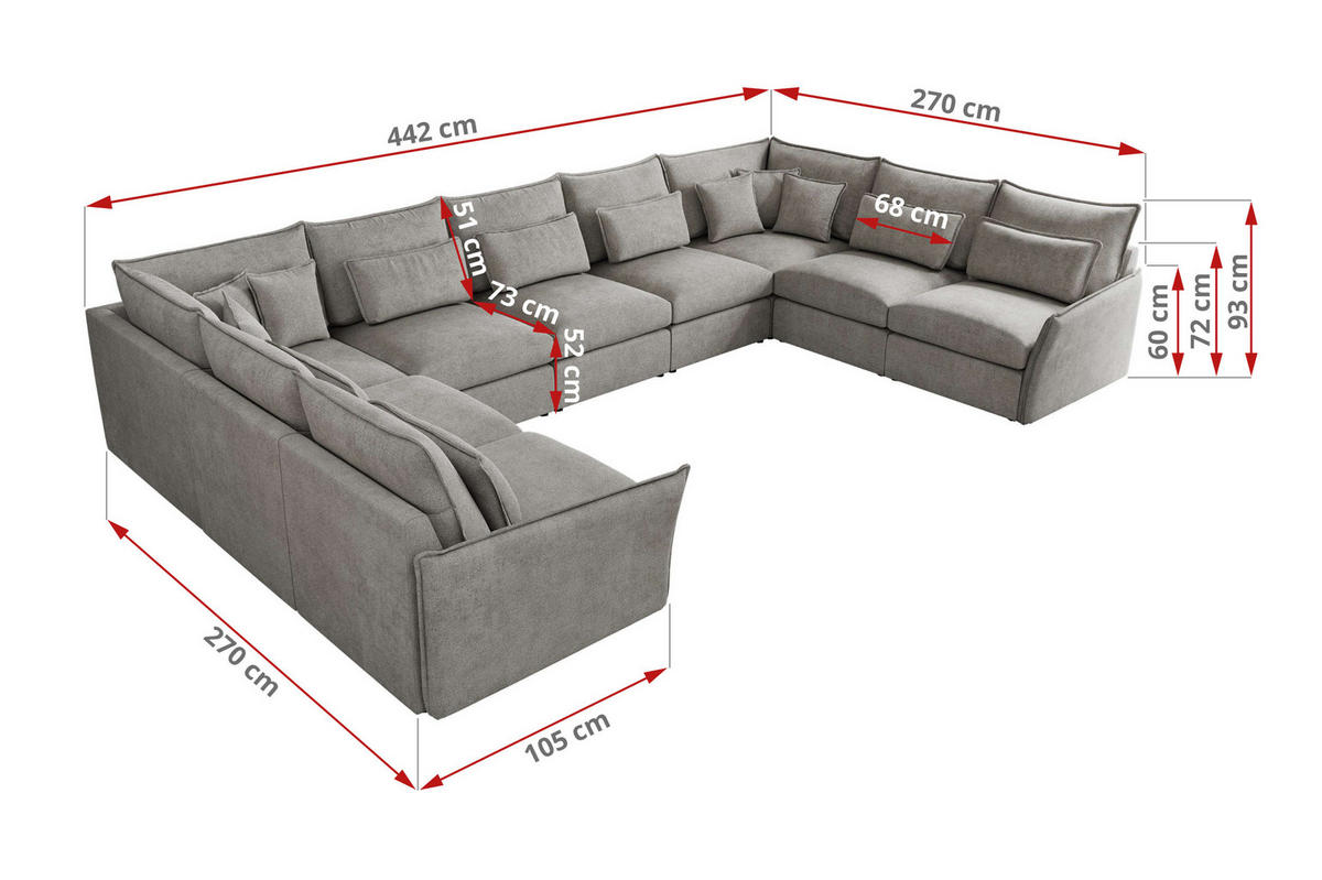 WOHNLANDSCHAFT VERSO U 9M Hellgrau Struktur - Hellgrau/Schwarz, Kunststoff/Textil (442/93/270cm) - MKS