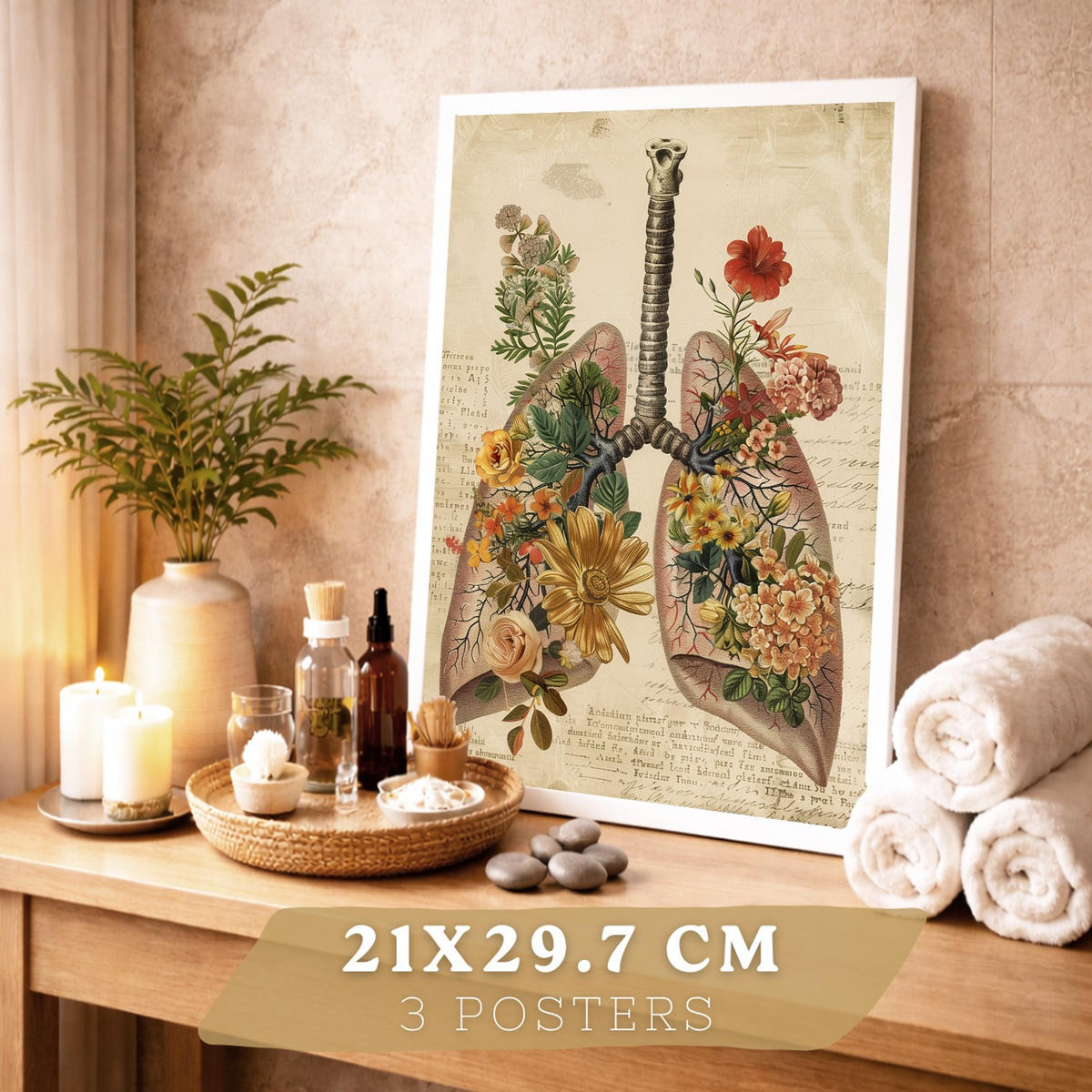 POSTER Set aus 3 Anatomie Mensch Vintage Florale Drucke und Wandbilder mit Lungen Brustkorb und Gehirn Botanischer Antiker Stil Größe Weißer Rahmen A4 - Weiß, Papier (21/29.7/3cm) - Nacnic