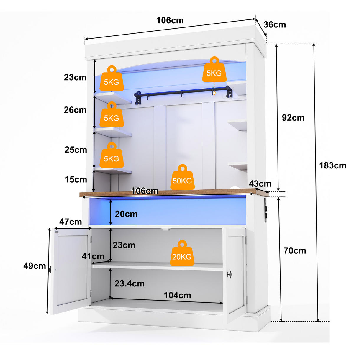 BUFFETSCHRANK Weiß 183cm mit LED-Beleuchtung, Steckdose & Kaffeebar - Weiß, Holzwerkstoff (106/183/43cm) - Urban Meuble