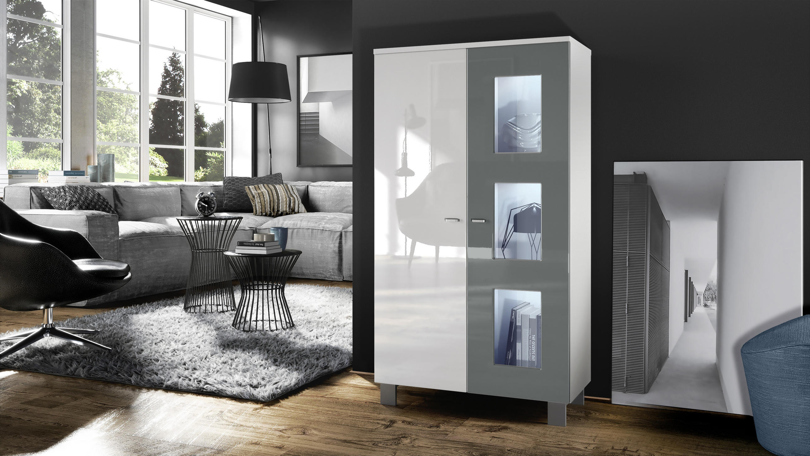 VITRINE Denjo Tür in Grau Hochglanz - Grau, Holzwerkstoff (71/129/35cm) - Vladon