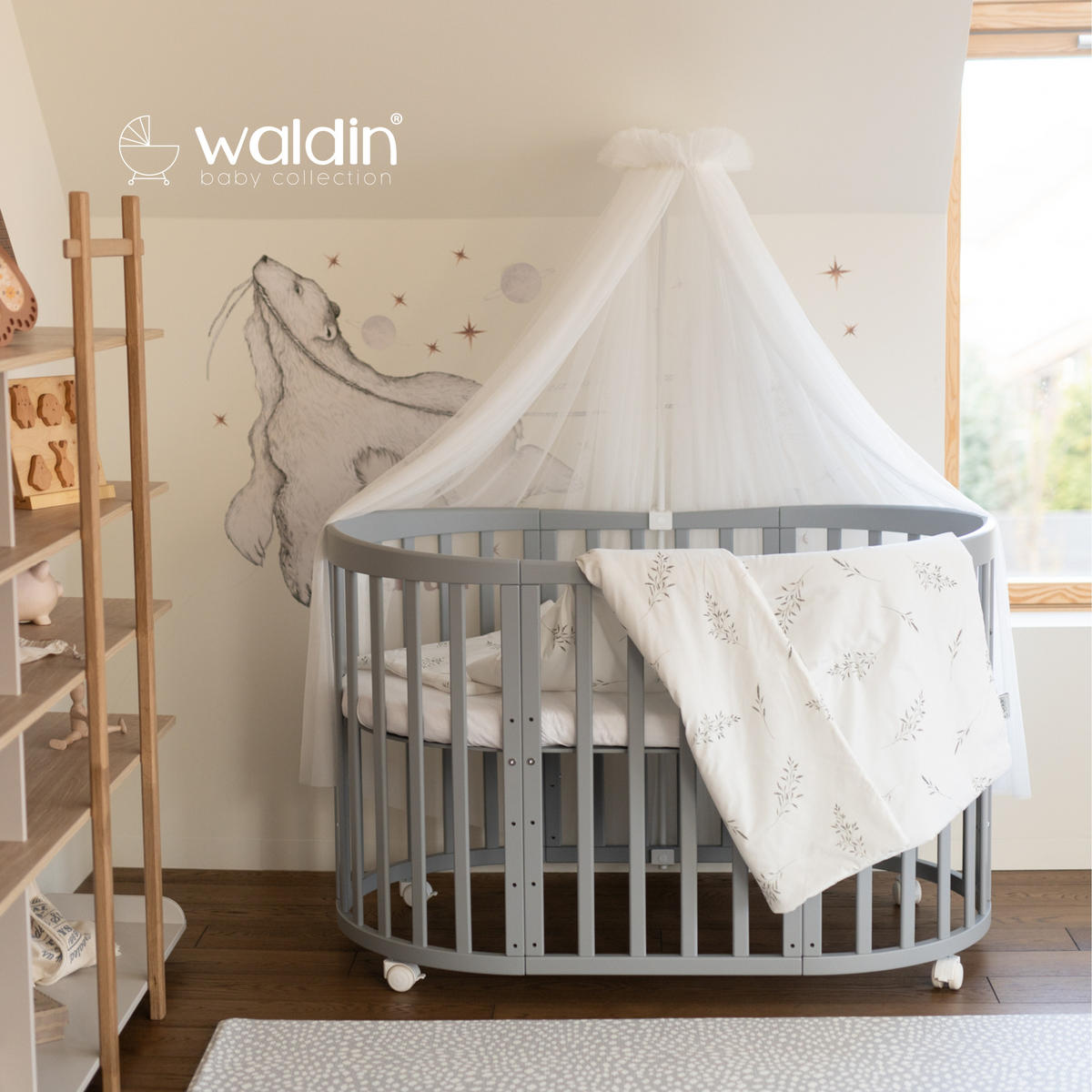 BABYBETT GREY OVAL 7in1 mit Matratze und Himmelset - Weiß/Grau, Holz/Textil