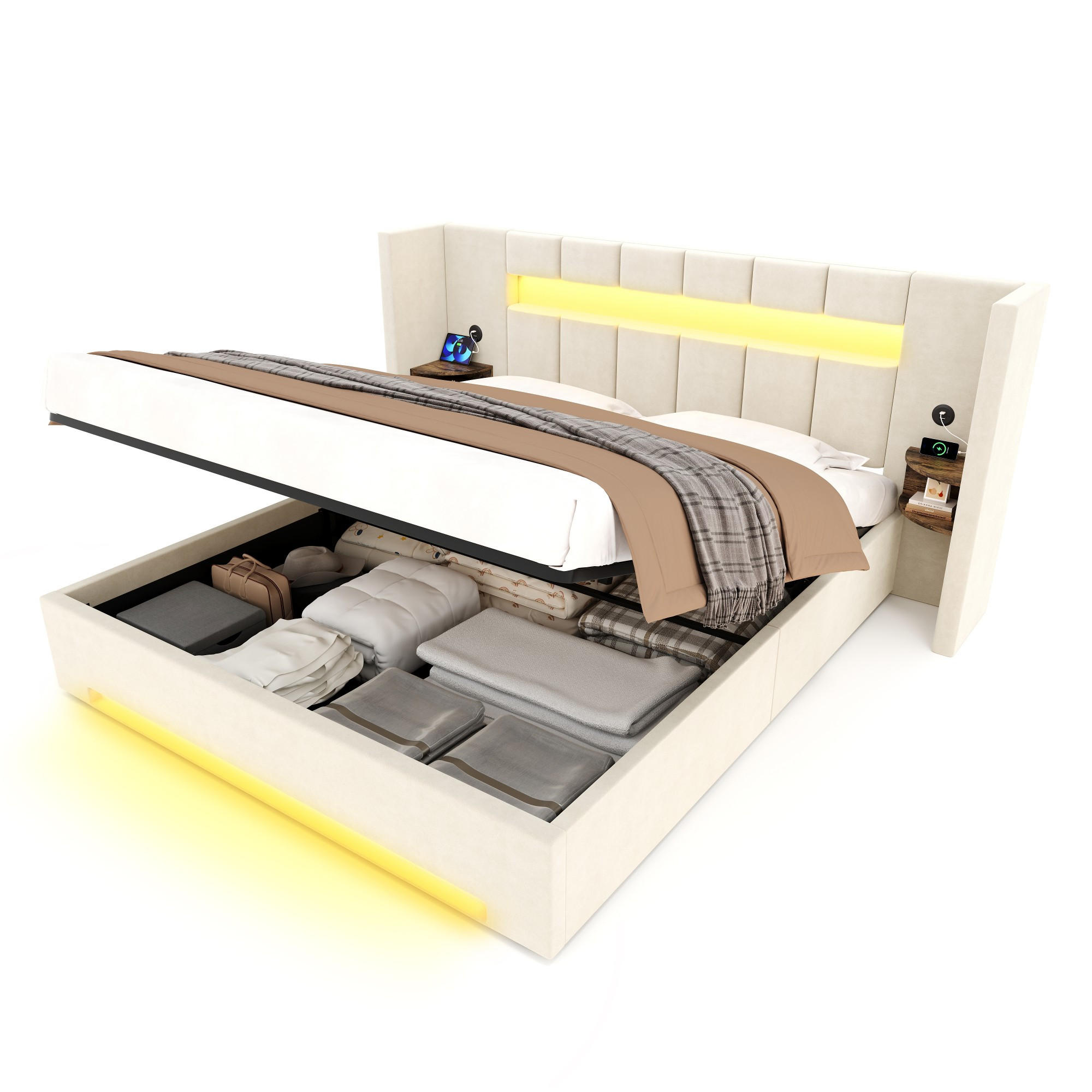BOXBETT 180/200 mit Bettkasten, LED, USB/Typ C-Ladeanschluss,Samt,Beige - Beige, Metall (180/200cm) - LVHOM