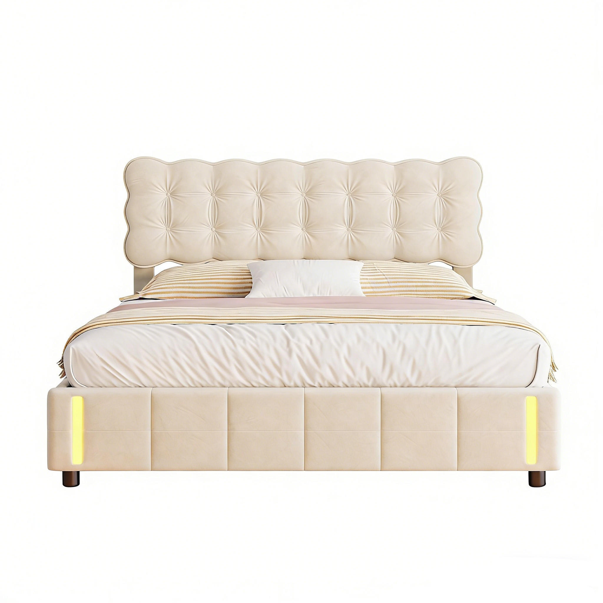 POLSTERBETT mit LED,Doppelbett Bettgestell 140x200 cm modern Samt Beige - Beige, Holz (140/200cm) - PARAFTA HOME