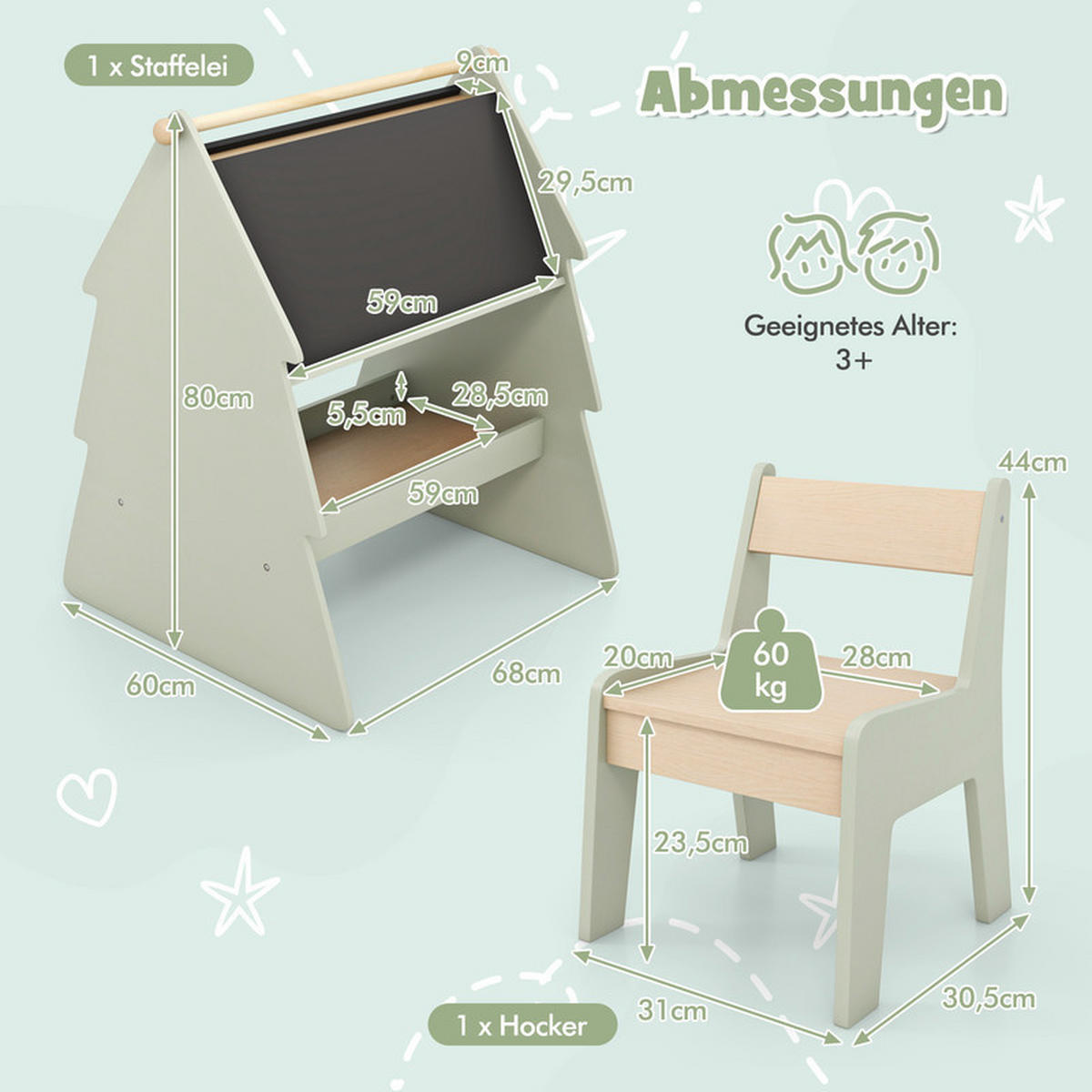 KINDERTISCHSET mit Ablage grün(2-tlg) - Grün, Holzwerkstoff (68/80/60cm) - COSTWAY