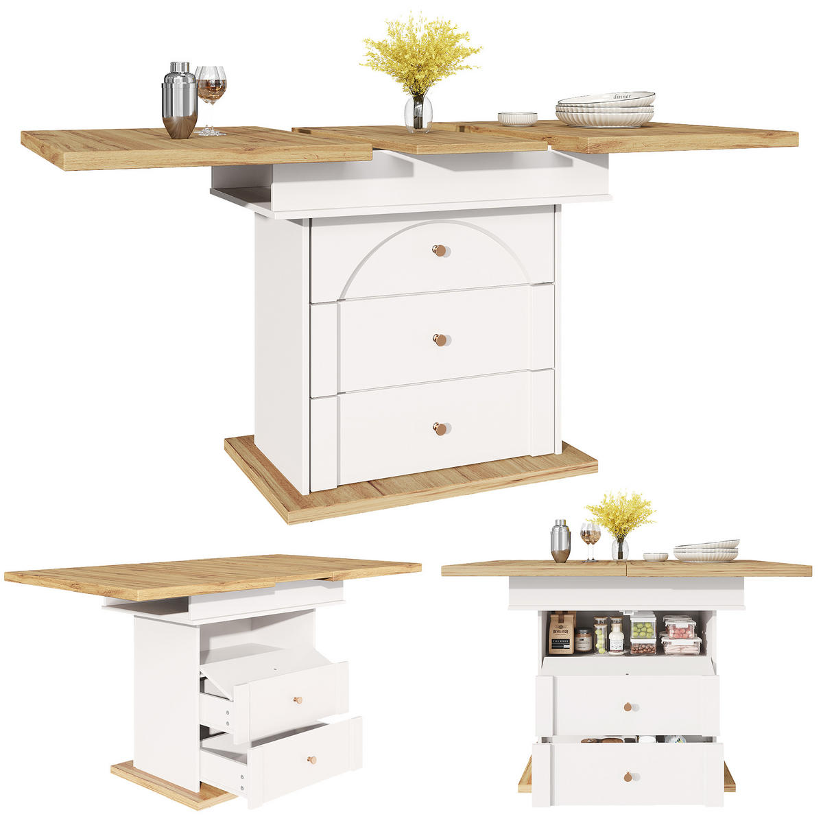 ESSTISCH Ausziehbarer aus MDF mit Stauraum, 110-140/80/75 cm, Weiß/Natur - Weiß, Holzwerkstoff (110/80/75cm) - Redom