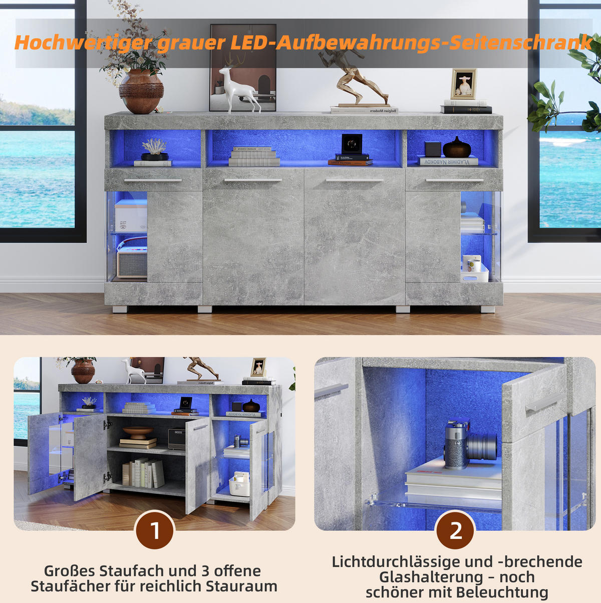 KOMODA z MDF 140x40x70 cm cementově šedá s LED osvětlením a dvířky z tvrzeného skla - šedá, kompozitní dřevo (140/70/40cm) - Modfu