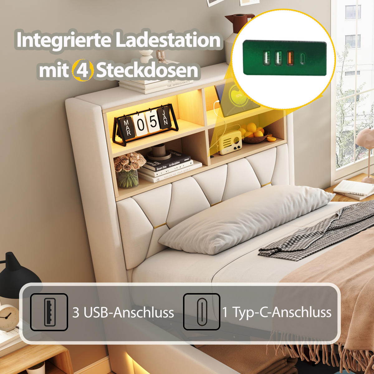 KINDERBETT 90/200 cm aus Leinen und Metall mit LED-Beleuchtung, USB-Anschluss und Stauraum Beige - Beige, Metall (90/200cm) - Modenvie