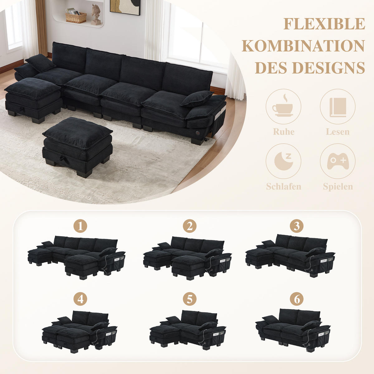 WOHNLANDSCHAFT Cord Schwarz mit USB-C und mit 2 Hocker - Schwarz, Holzwerkstoff/Kunststoff (330/84/132cm) - WISHDOR