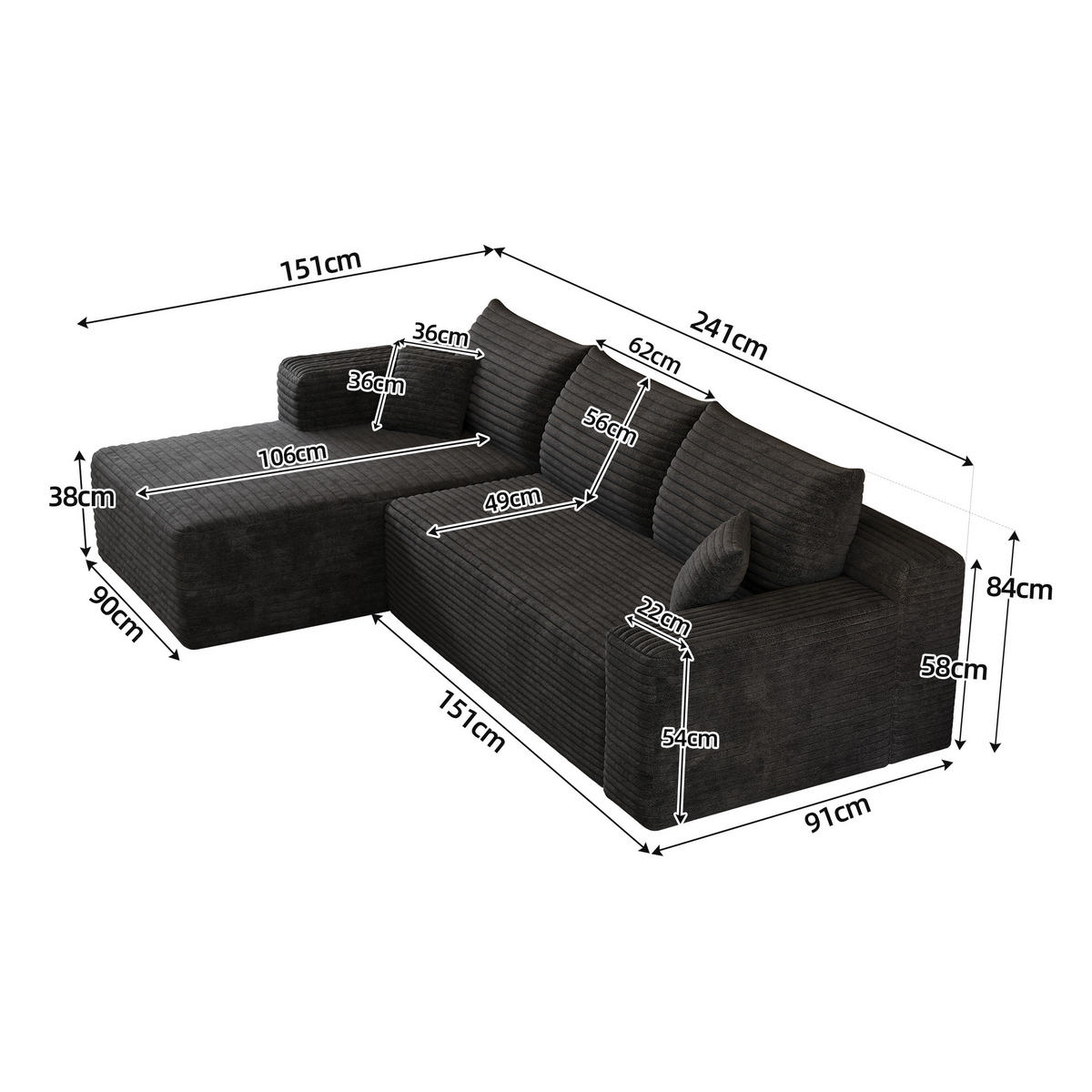 ECKSOFA Cord Schwarz ohne Montage - Schwarz, Textil (241/151cm) - WISHDOR