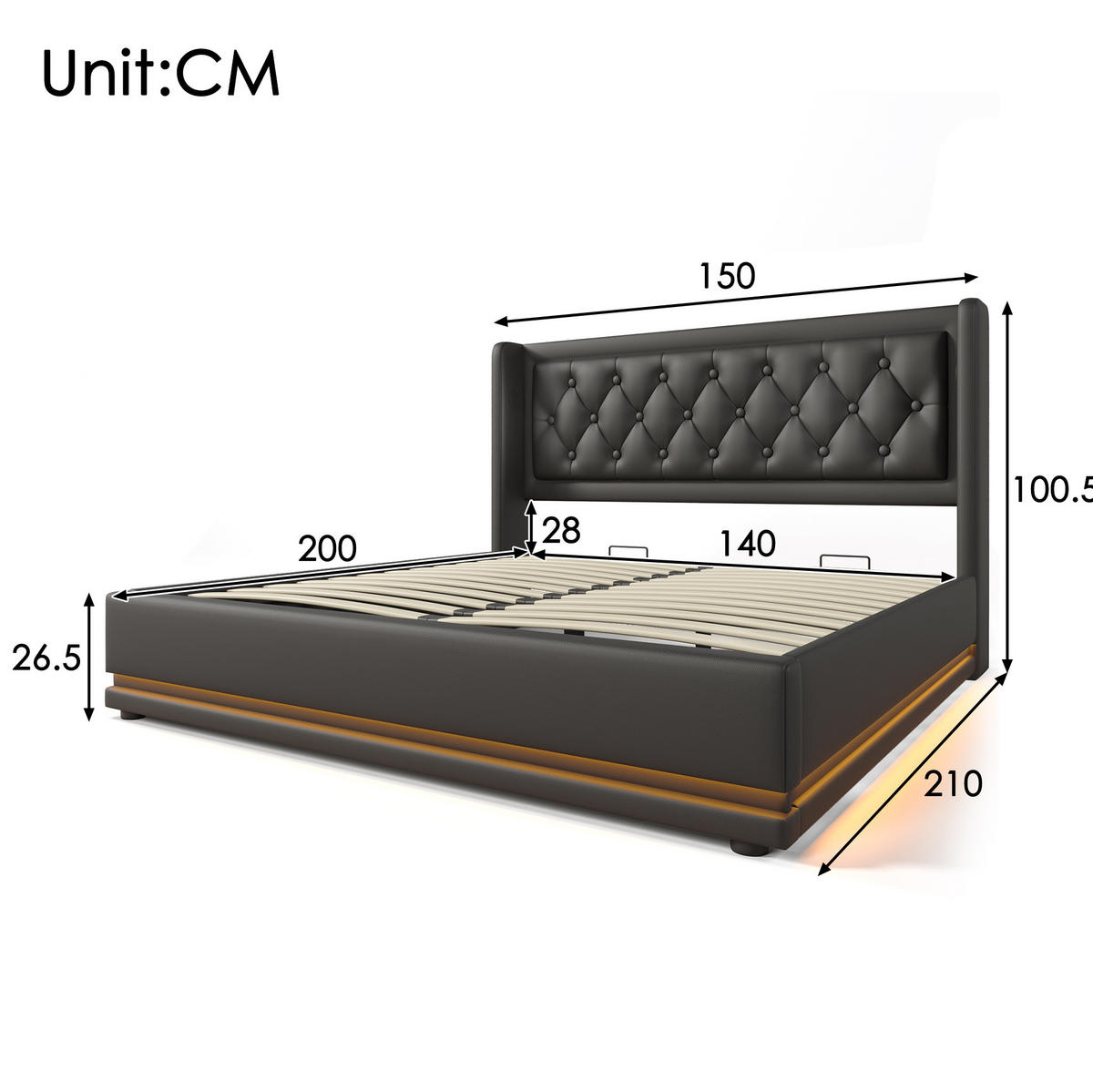 POLSTERBETT 140/200 cm mit USB-C, Matratze, LED und hydraulischem Bettkasten, PU, Schwarz - Schwarz, Kunststoff (140/200cm) - Redom
