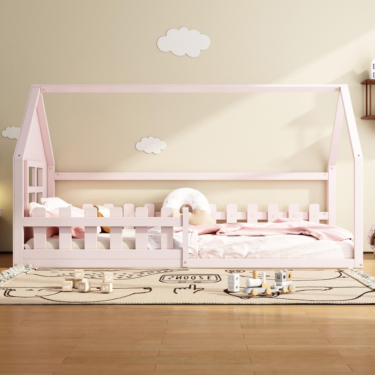 KINDERBETT aus Kiefer und MDF 90x200 cm Rosa in Hausform - Rosa, Holzwerkstoff (90/200cm) - IVMEU