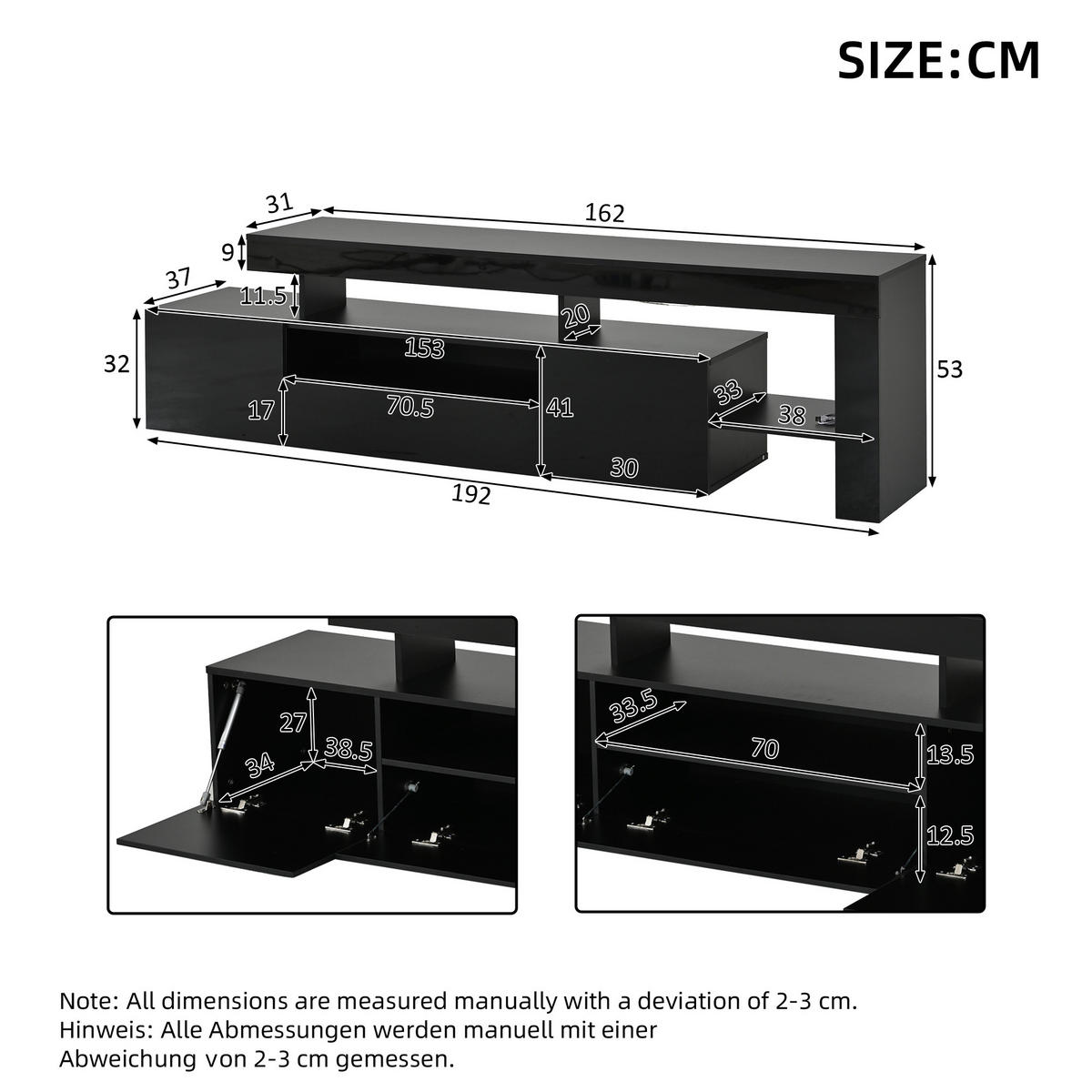 LOWBOARD DE-40375 3 Schränke mit LED und Hochglanz Schwarz - Schwarz, Holzwerkstoff (192/53/37cm) - ComfortXL