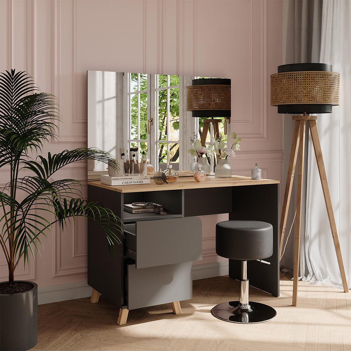 SCHMINKTISCH Karen Anthrazit/Artisan 110 cm mit Hocker - Anthrazit/Eiche Artisan, Holzwerkstoff (110/75/55cm) - Vicco