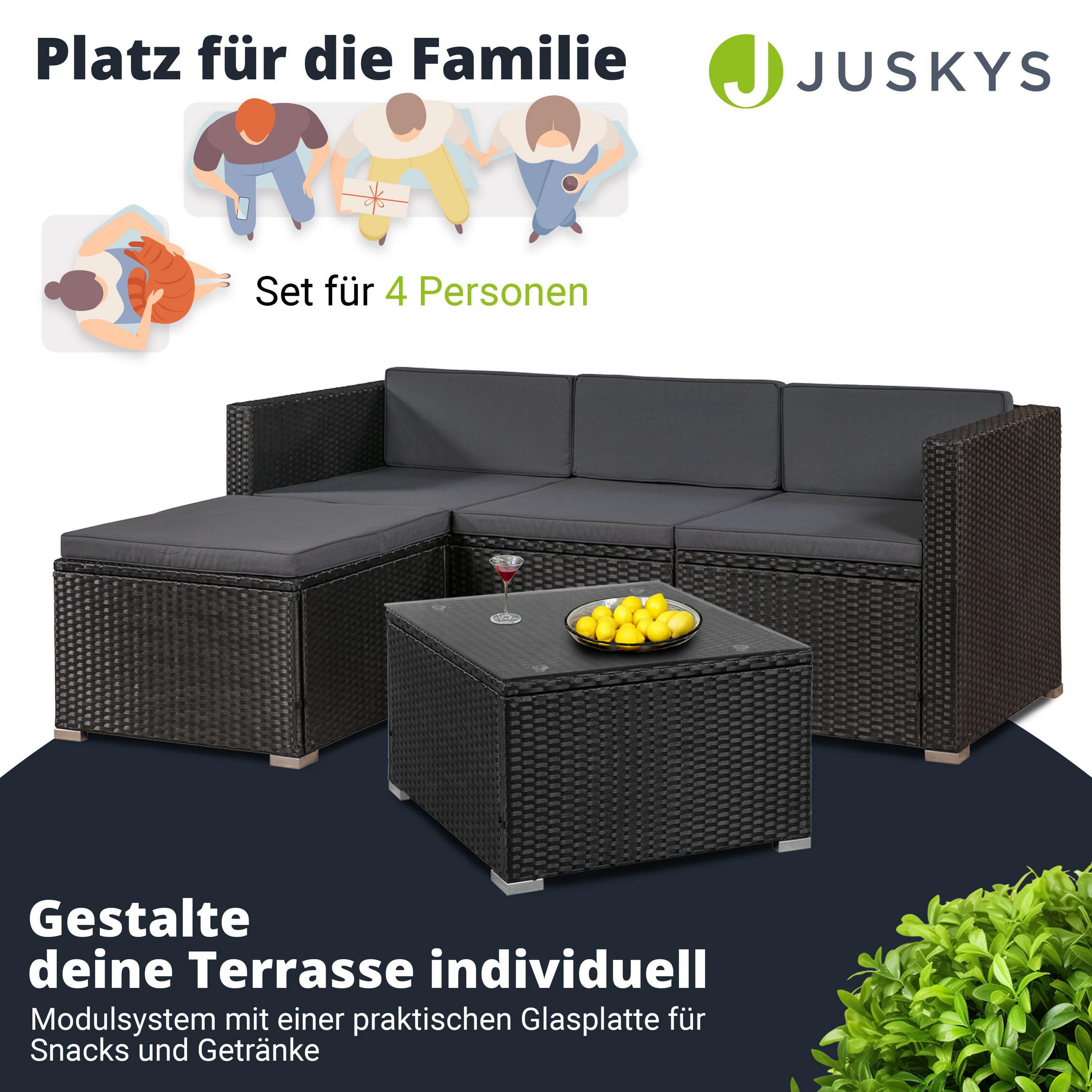 LOUNGEGARNITUR Punta Cana 3-tlg. - Dunkelgrau/Schwarz, Kunststoff - Juskys