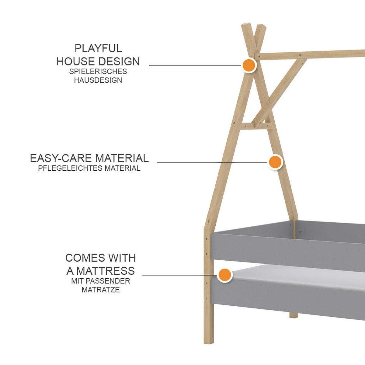 TIPI-BETT Bali Grau 80x160 cm mit Matratze - Grau, Holz - VitaliSpa