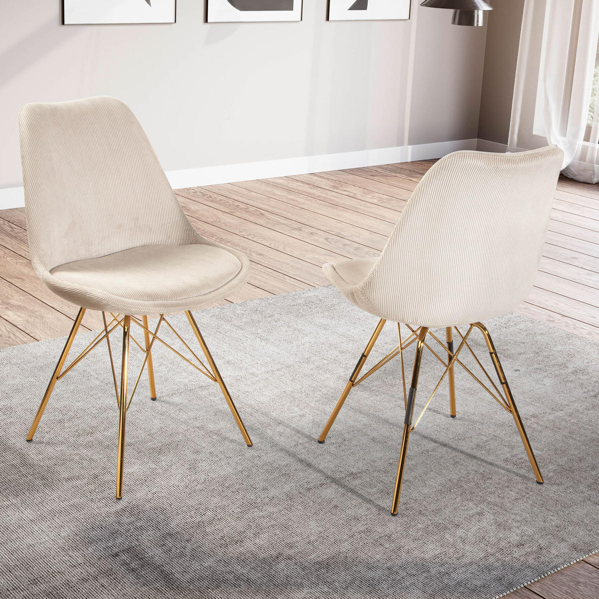 ESSZIMMERSTUHL 2er Set Cordstoff mit Metallgestell Schalenform Skandinavisch gepolstert, Beige 48x58x85 cm - Beige/Goldfarben, Textil/Metall (48/85/58cm) - KADIMA DESIGN