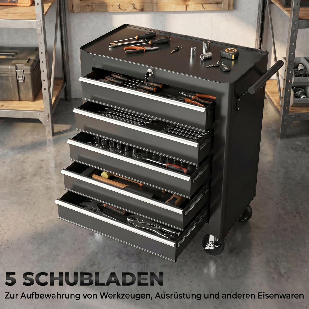 WERKSTATTWAGEN leer Werkzeugwagen abschließbar mit 5 Schubladen Schwarz - Schwarz, Metall (33/75/61.6cm) - HOMCOM