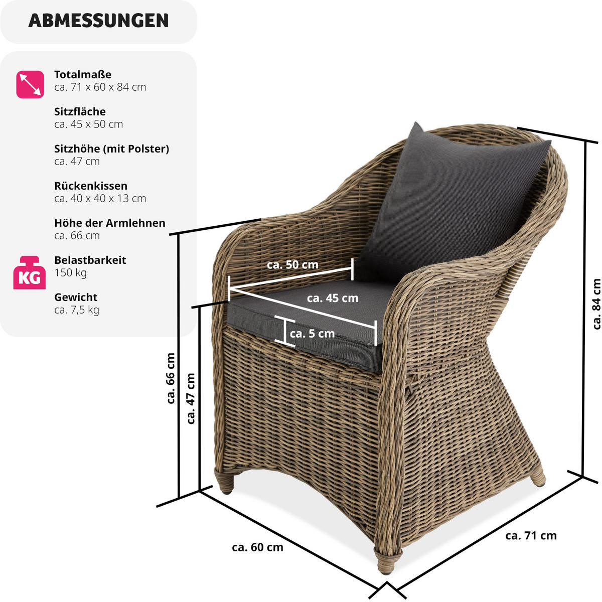 RATTANSESSEL 2er Set, 71 x 60 x 84 cm,natur - Naturfarben, Kunststoff (60/84/71cm) - tectake