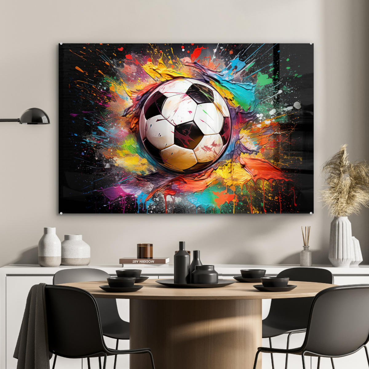 ACRYLGLASBILD Fußball - Farbe - Farben - Schwarz - Weiß 120x80 cm - Weiß, Glas (120/80cm) - MuchoWow