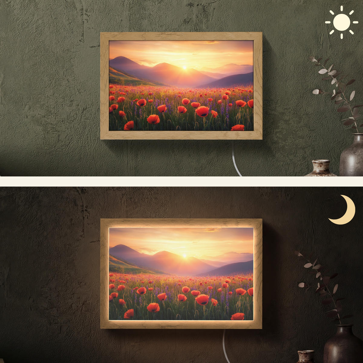 WANDLEUCHTE Landschaft - Sonnenuntergang - Blumenfeld 30x20 cm - Rot, Holzwerkstoff (30/20/8cm) - OnlyWow