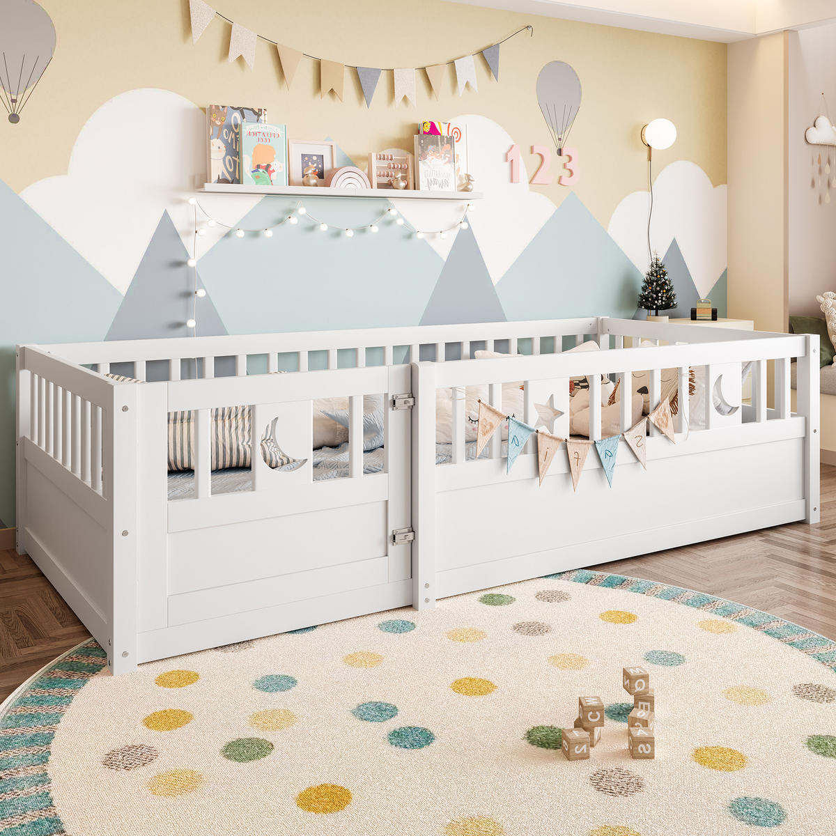 PANELBETT 90x190cm Weiß Kinderbett Gitter Stern-Mond-Dekoration - Weiß, Holz (90/190cm) - FLIEKS