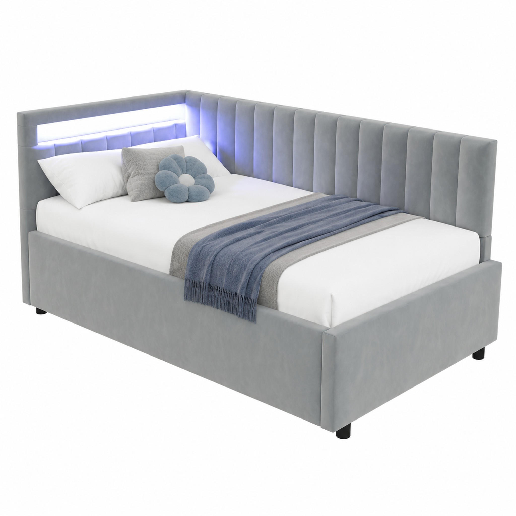 SCHLAFSOFA mit LED und Stauraum 90x200 cm Samt Grau - Grau, Metall (90/200cm) - Meubliv