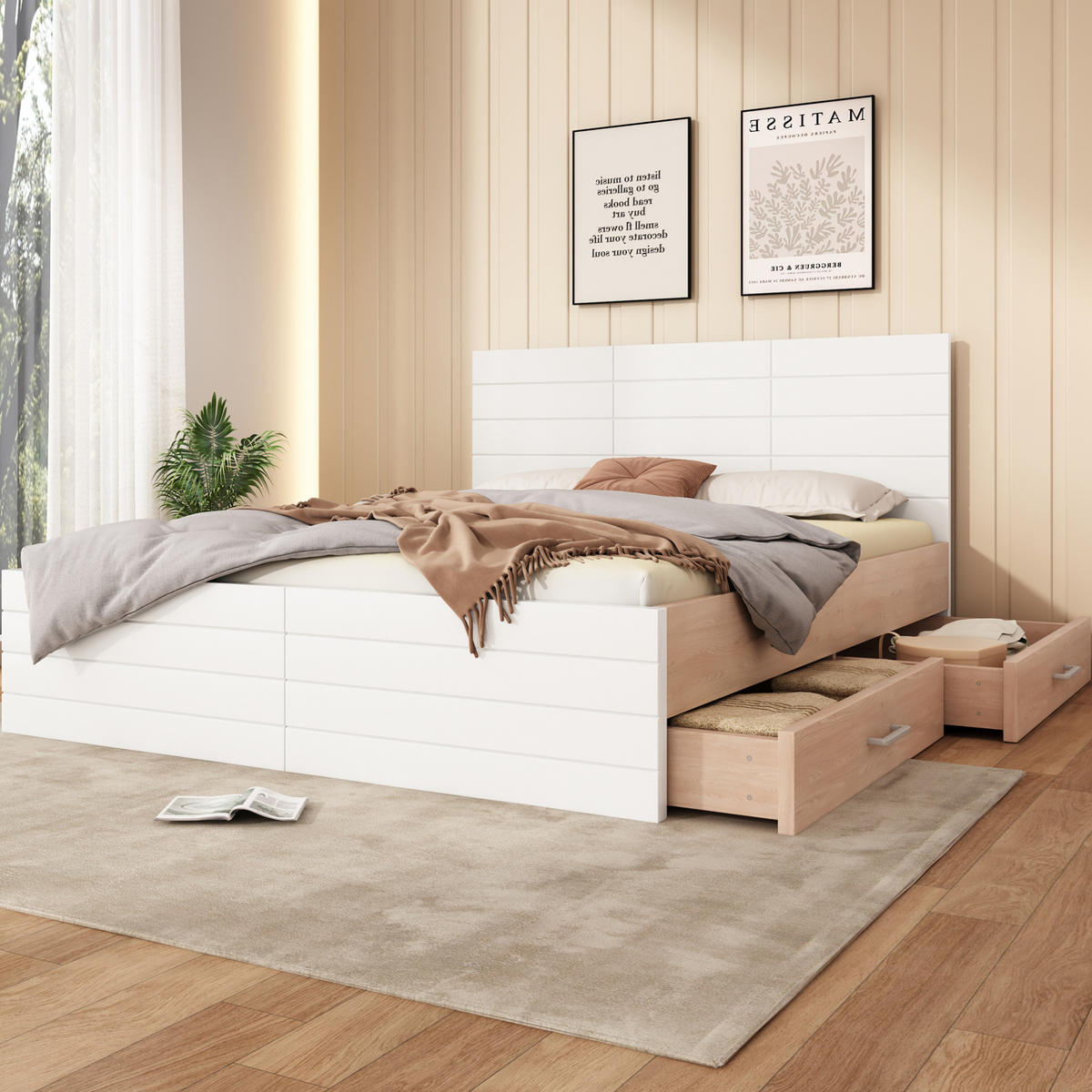BETT 160/200 cm mit 2 Schubladen, Lattenrost inklusive, Weiß/Eiche - Weiß, Holzwerkstoff (160/200cm) - Redom