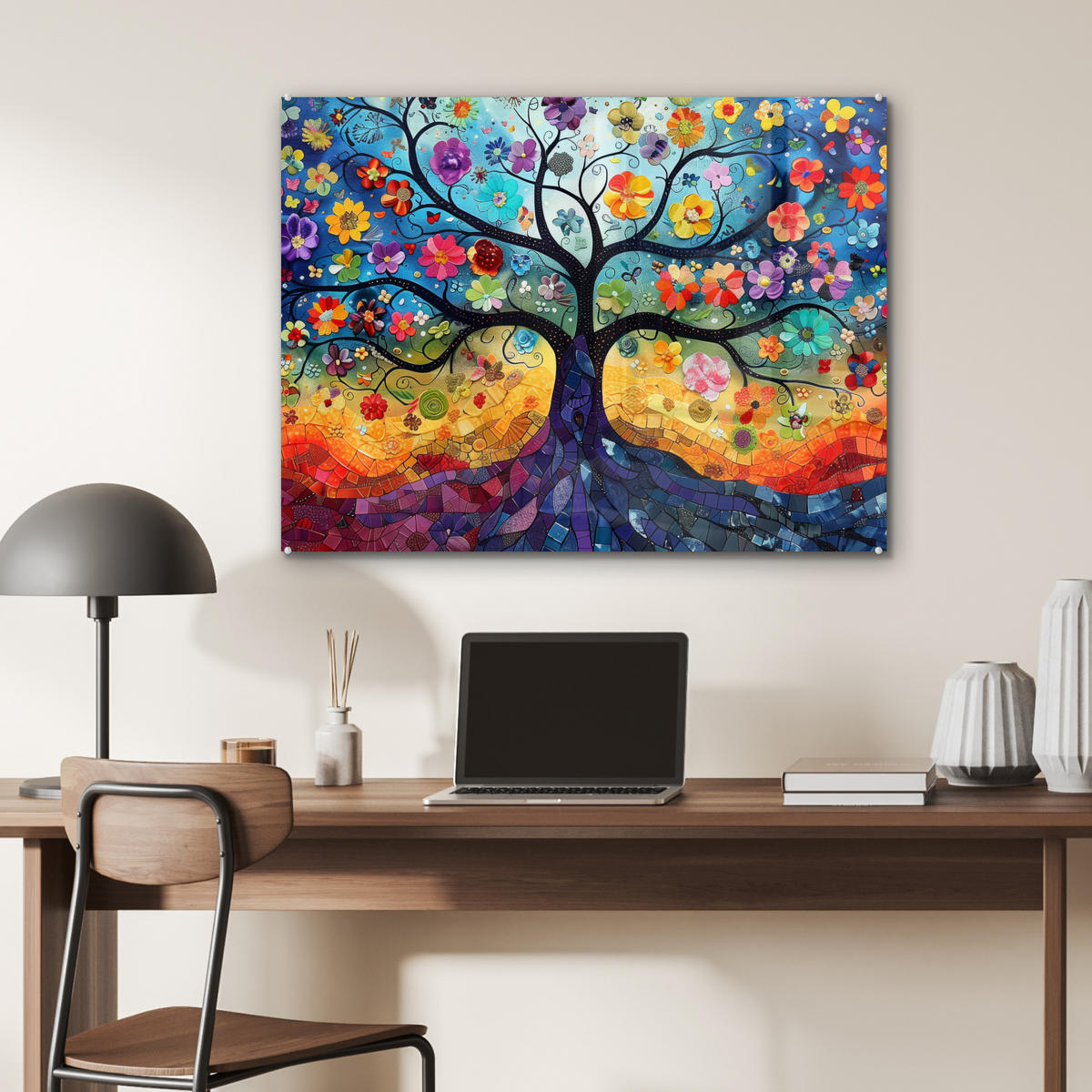 OBRAZ NA AKRYLOVOM SKLE Umenie - Strom života - Kvety - Hippie 80x60 cm - tmavomodrá, sklo (80/60cm) - MuchoWow
