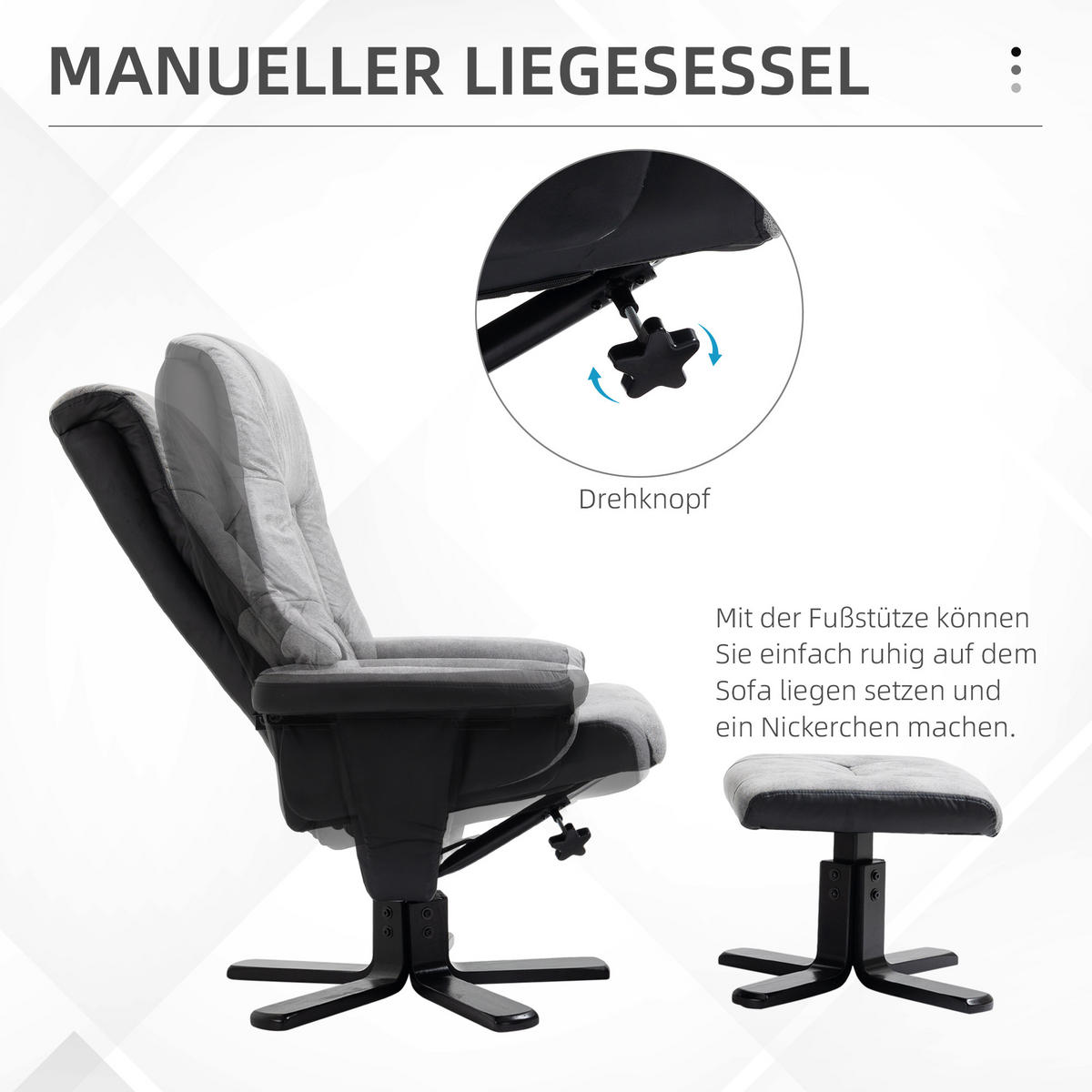 RELAXSESSEL mit Hocker, Fernsehsessel, Polstersessel TV Sessel mit Liegefunktion - Grau, Kunststoff (82.5/109/78cm) - HOMCOM