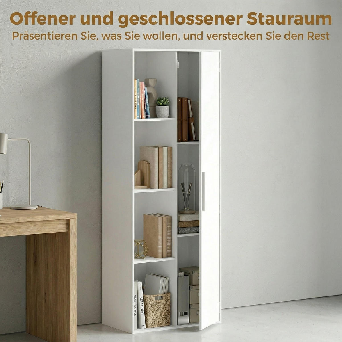 BÜCHERREGAL DE-09903 4-stöckig mit Schrank und Türen Weiß - Weiß, Holzwerkstoff (35/160/60cm) - ComfortXL