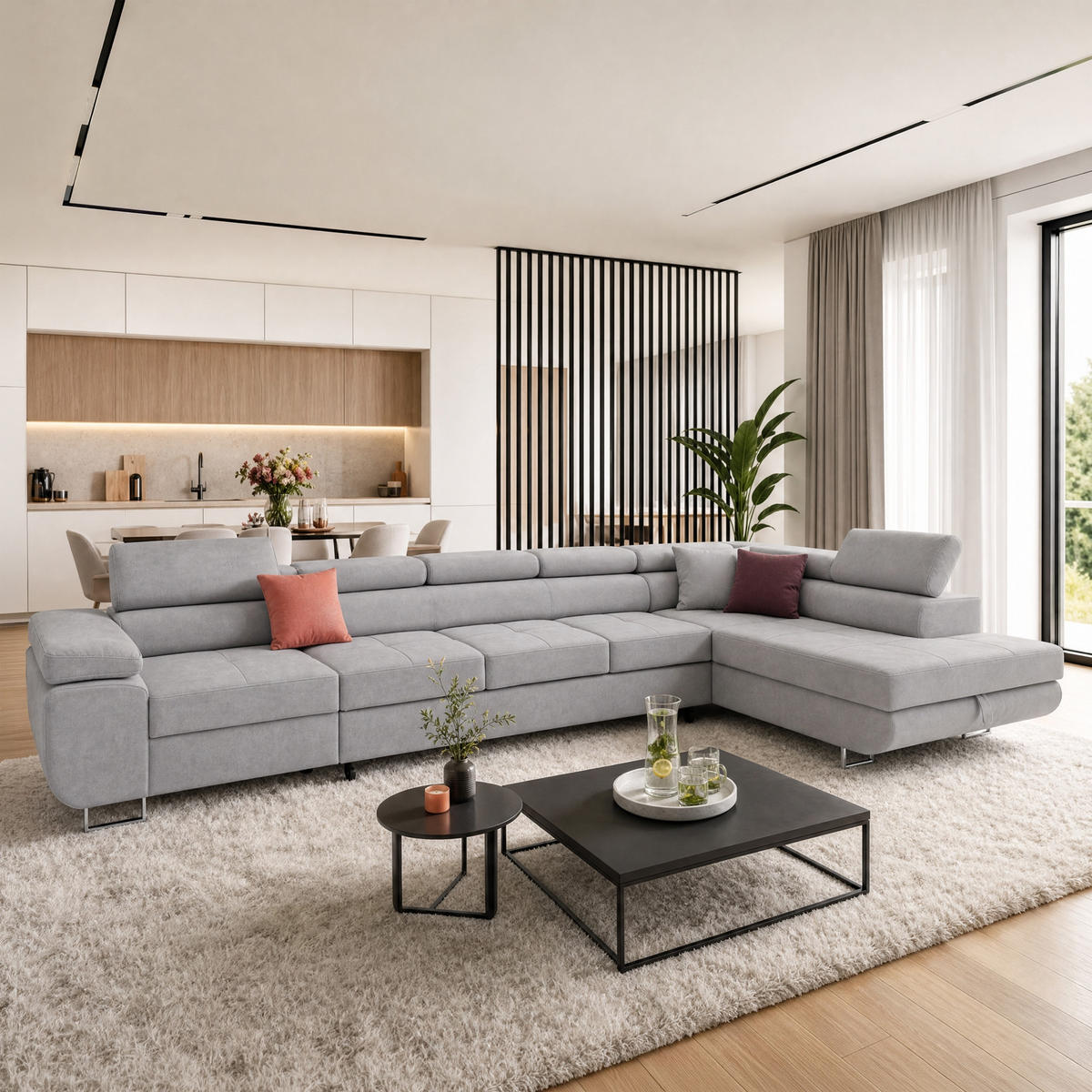 ECKSOFA WILD XXL Rechts mit Schlaffunktion 125x240 Velours Hellgrau - Silberfarben/Hellgrau, Holz/Textil (200/400cm) - Muffo