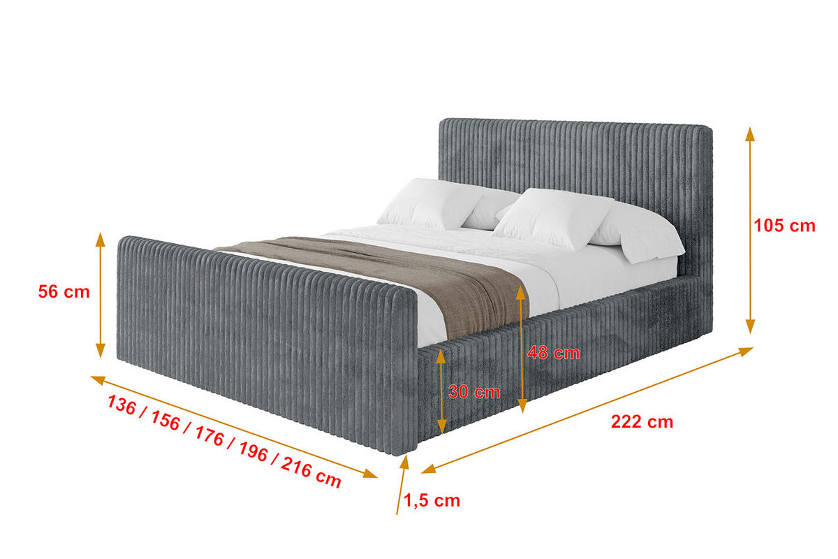 POLSTERBETT mit Bettkasten, Fußteil und Lattenrost, Boxbett mit Matratze H3/H4 - ALOVA-Z-V1 160x200 Dunkelgrau - Dunkelgrau, Holzwerkstoff/Textil (160/200cm) - ALTDECOR