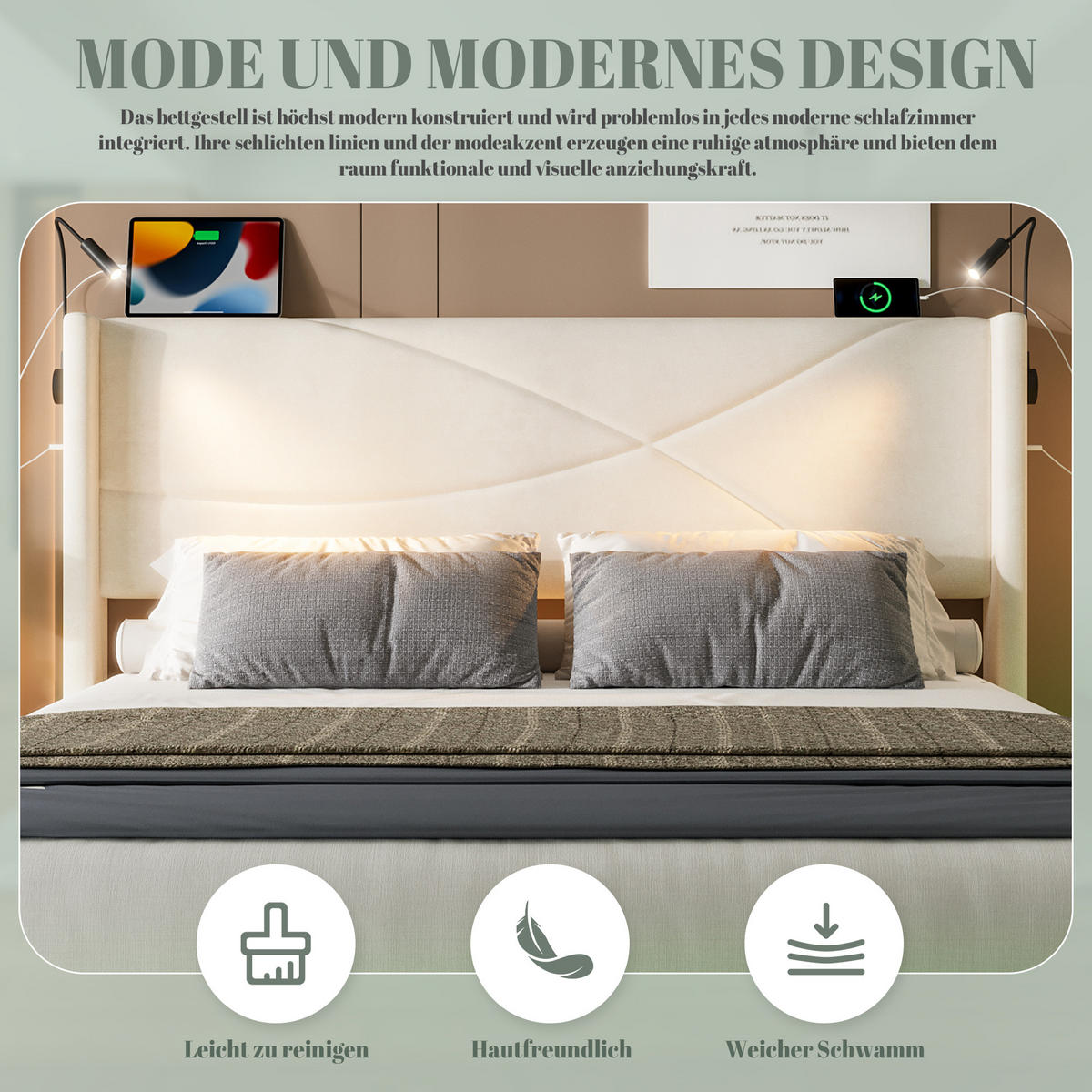 POLSTERBETT 140x200 cm LED USB Stauraum - Beige, Textil (140/200cm) - LEBENLANG