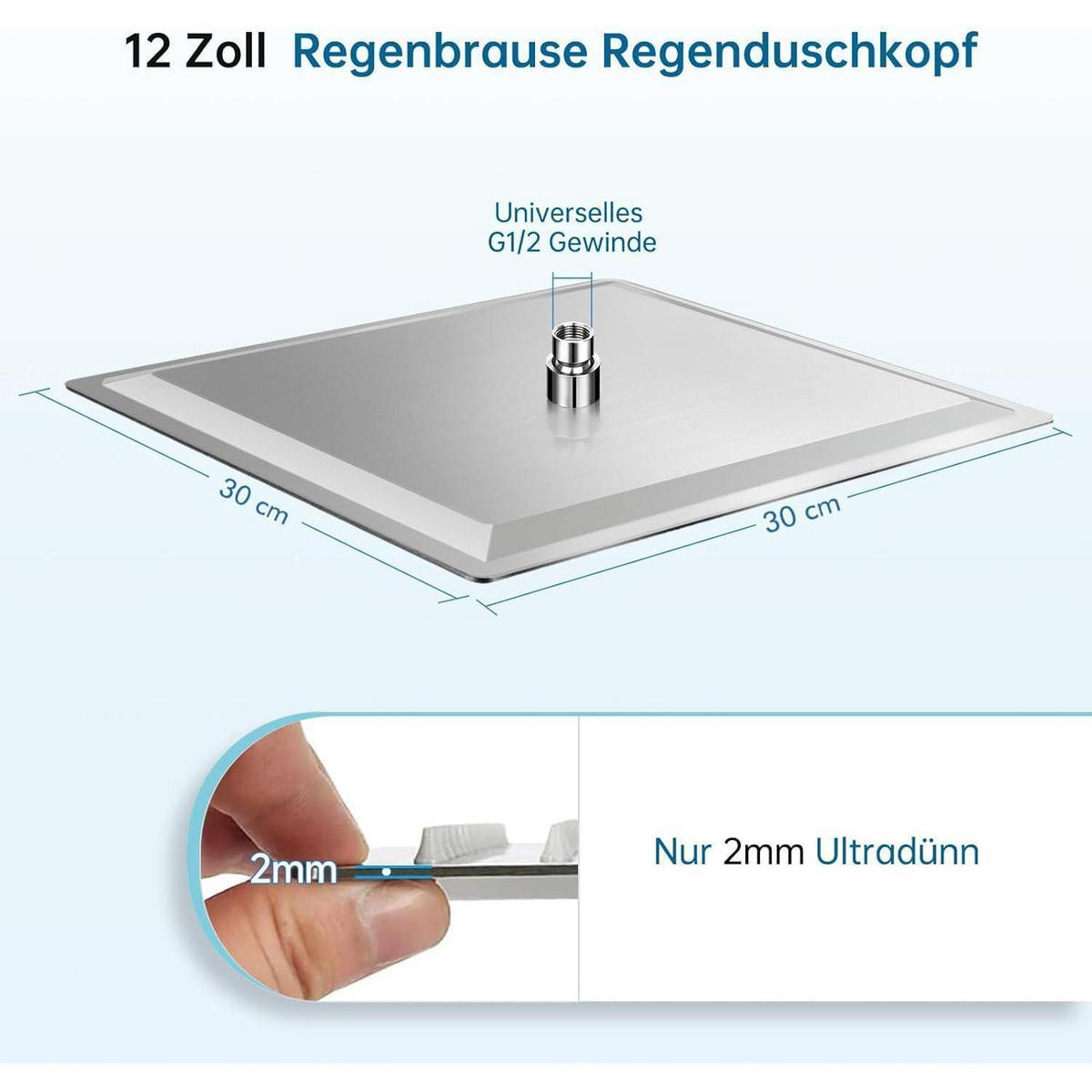 REGENDUSCHKOPF Edelstahl gebürstet 30 x 30 cm - Silberfarben, Metall (30.5/12.7/30.5cm)