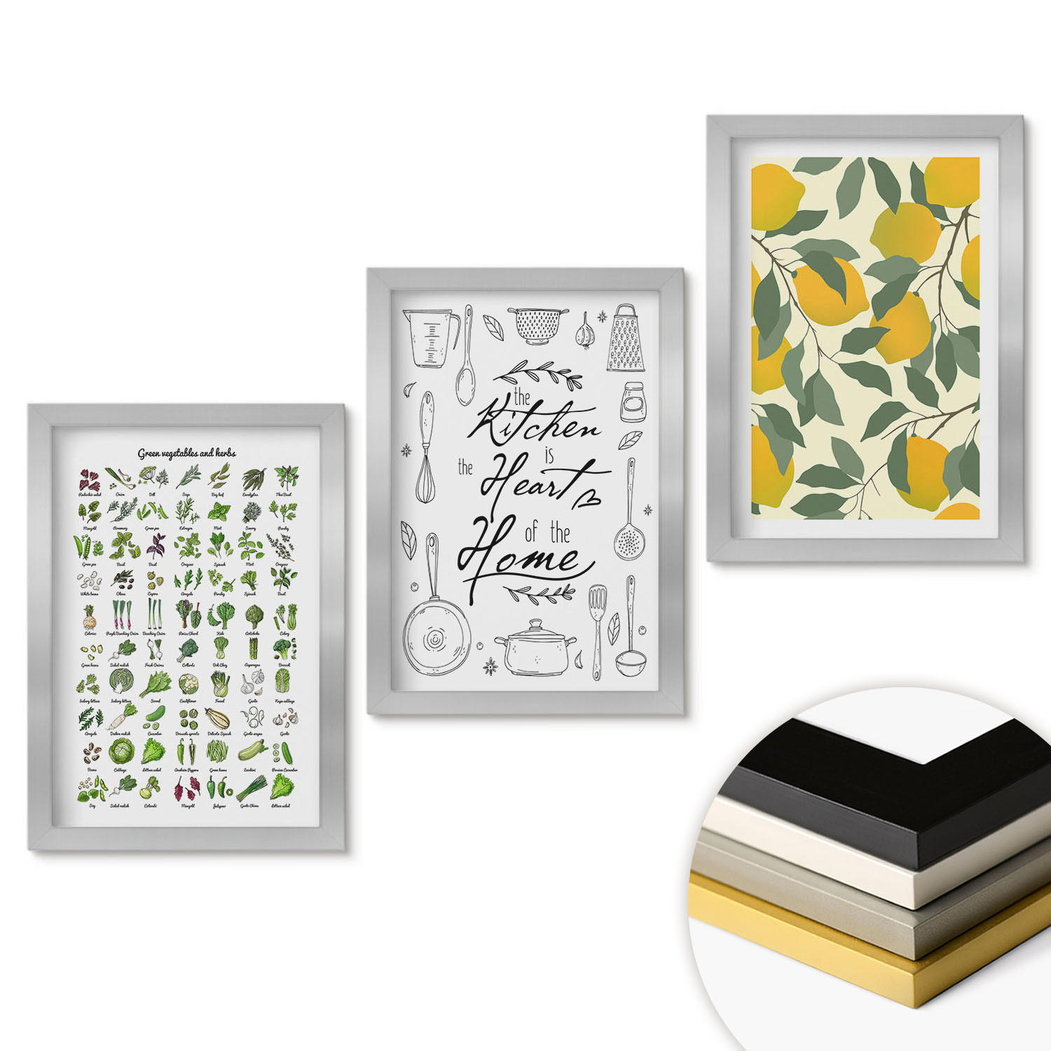 WANDBILDER 3er Set - 20x30 cm Silberner Rahmen - Bemalte Zitronen-Küchenkräuter - Silberfarben, Kunststoff (20/30cm) - ArtPrintCave
