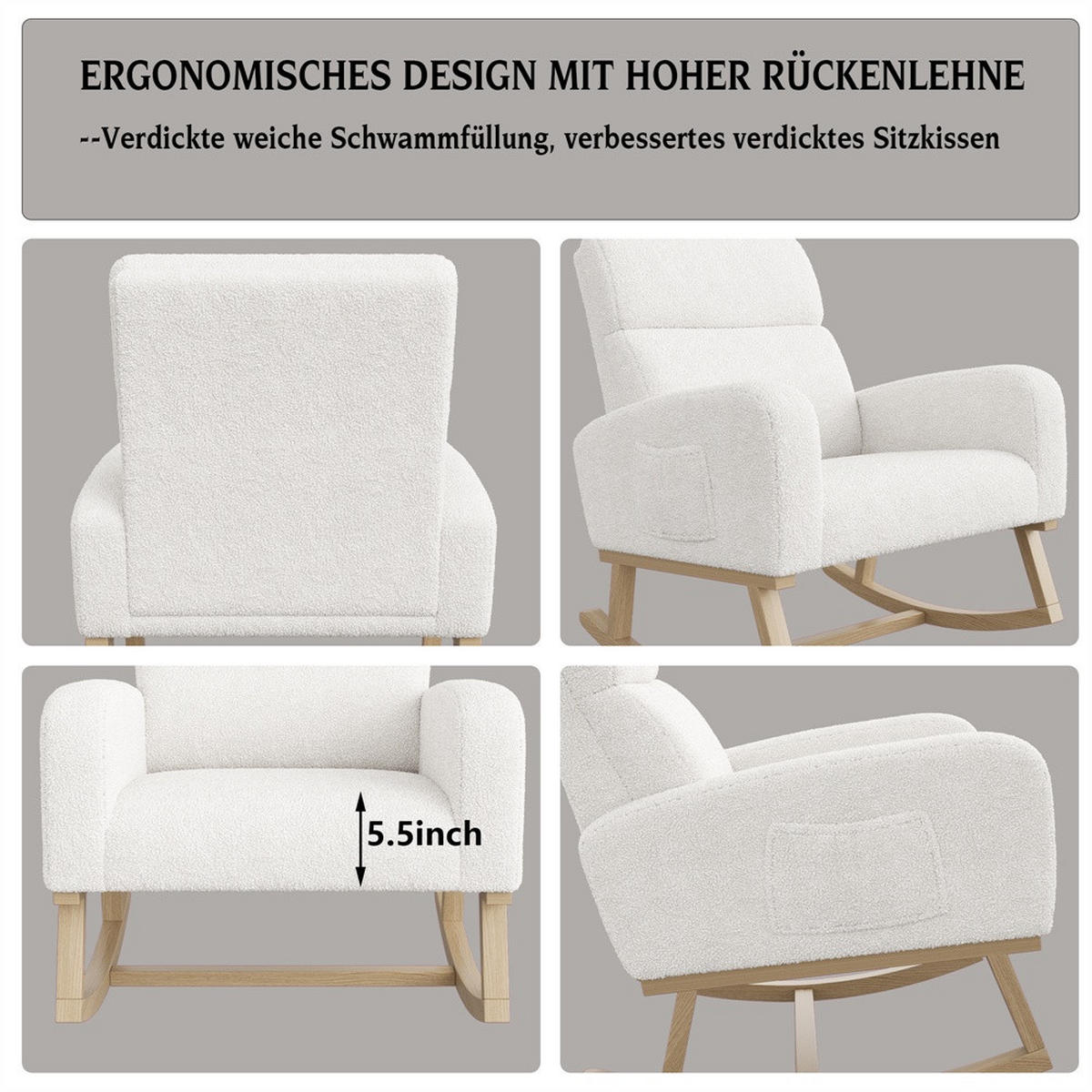 SCHAUKELSTUHL mit Armlehnen - Relaxsessel mit praktischer Seitentasche - Weiß - Weiß, Textil (69.2/87/78.5cm) - DELFA
