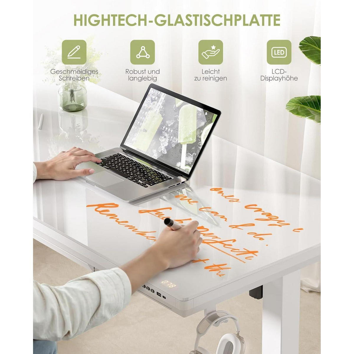 SCHREIBTISCH elektrisch höhenverstellbar 140 x 60 cm mit Schublade und USB-Anschlüssen Weiß - Weiß, Glas (140/60/72cm)