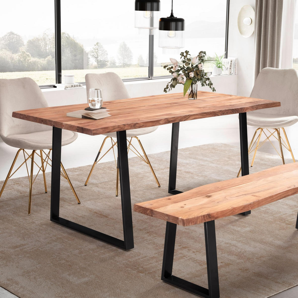 ESSTISCH Massivholz Baumkante Schwarz Metall Handgefertigt TARN, Goldbraun-Schwarz 120x60x76 cm - Schwarz/Braun, Holz (60/120/76cm) - KADIMA DESIGN